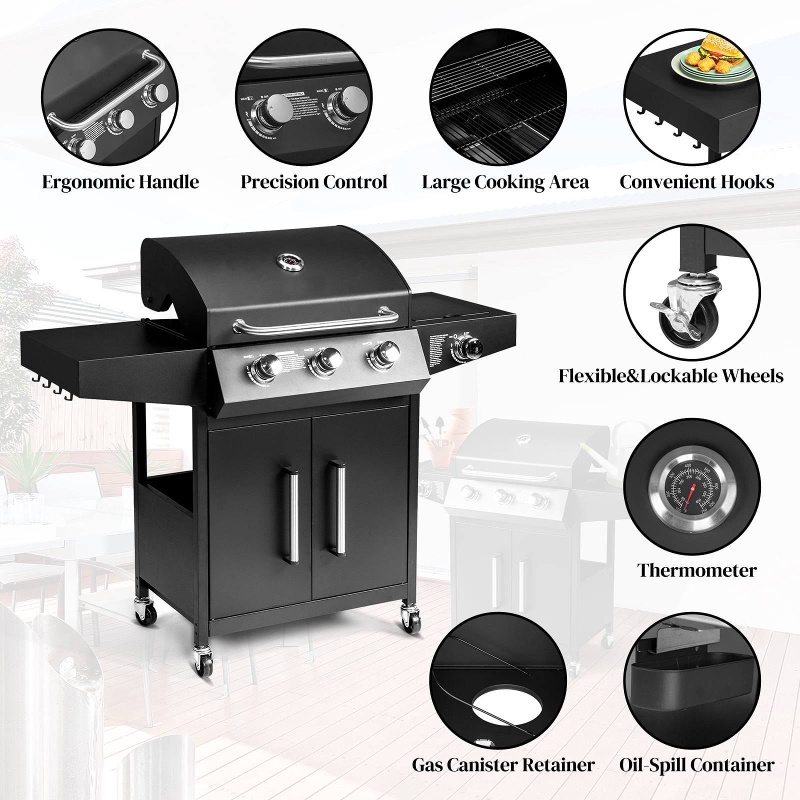 GoDecor 3-Burner Propane Gas Grill with Side Burner for Outdoor Cooking (Black, 53 in) u09tr