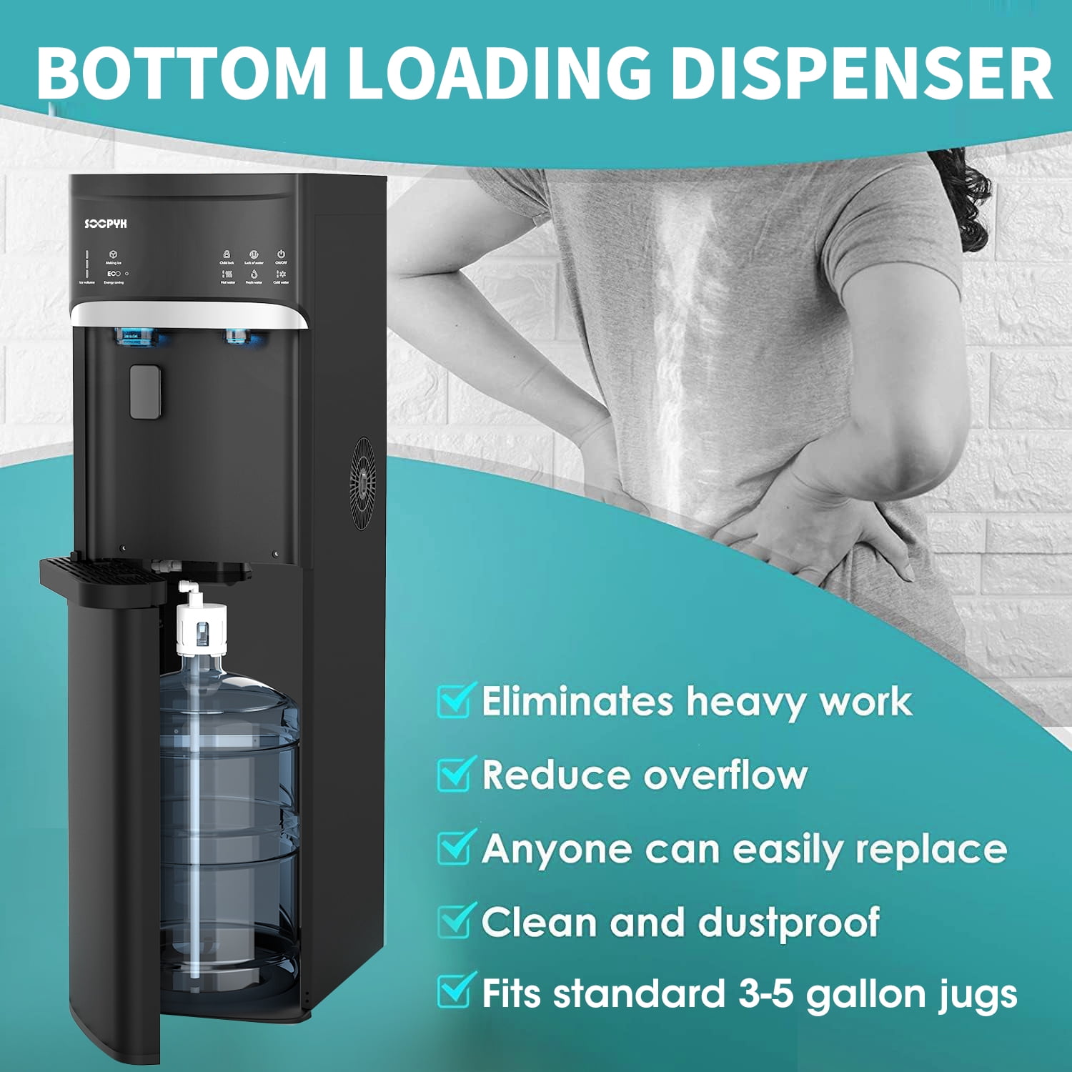 SOOPYK Bottom Loading Water Dispenser with Nugget Ice Maker, 3-Temperature Settings, Self-Cleaning, Child Safety Lock (Black, 5 Gallon) xvx61