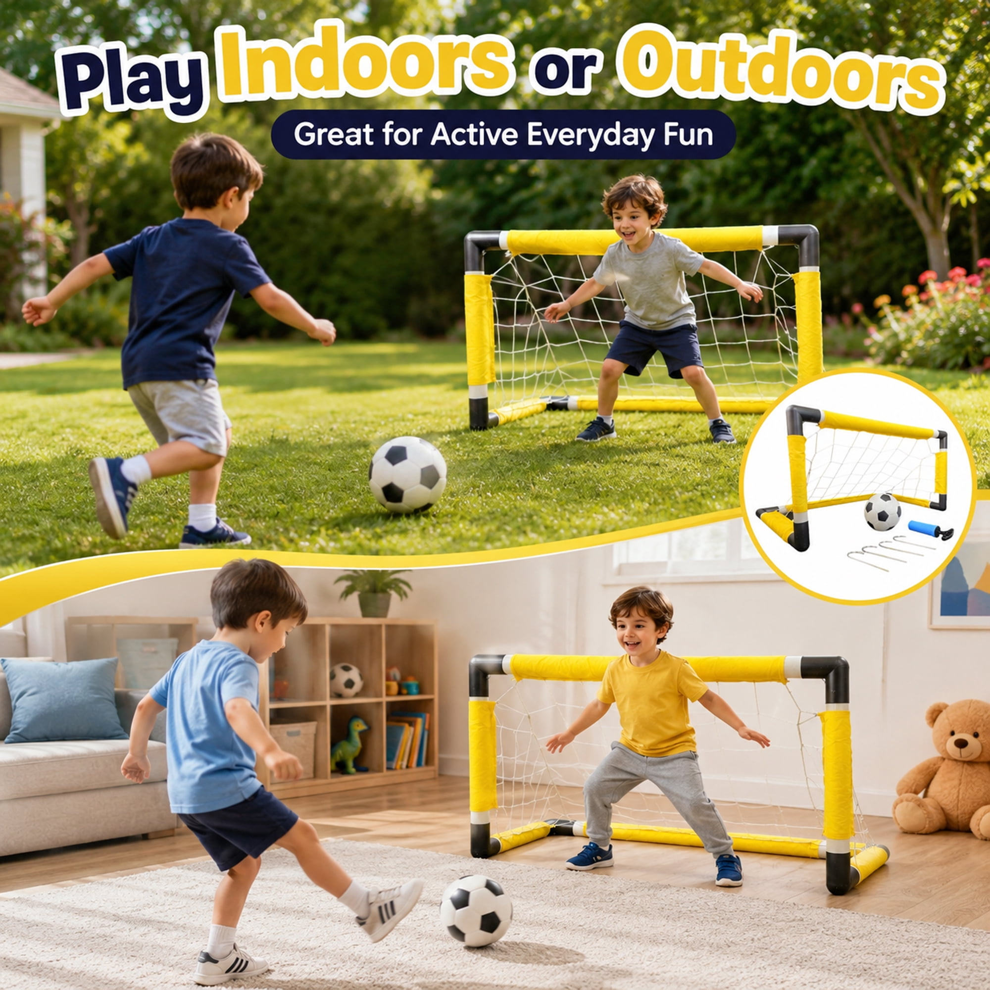 Blue Block Factory Kids Soccer Goal Set, Portable Backyard Sports Net with Ball and Pump (Yellow, 28 in) n9fxe