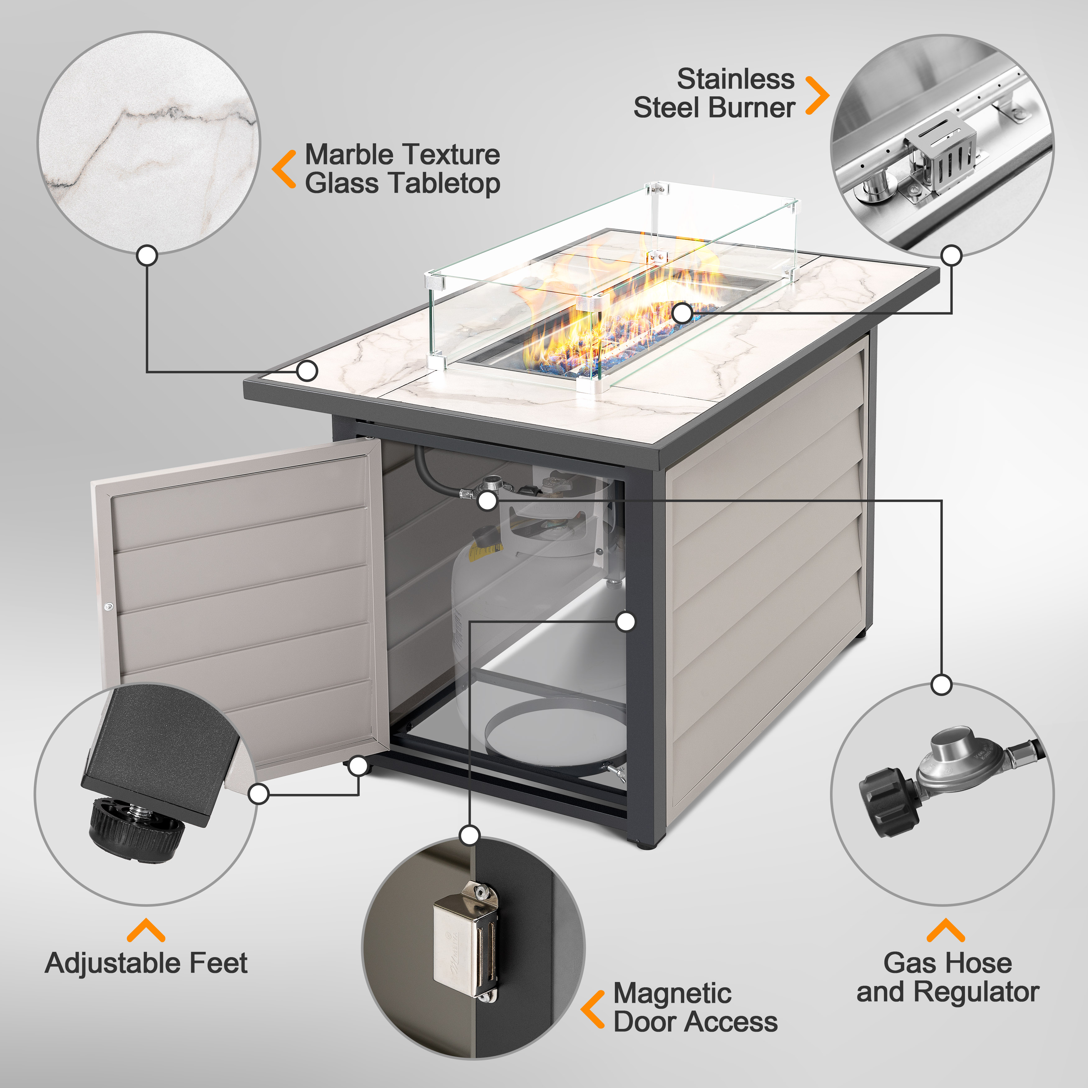 Nuu Garden 43 in Propane Fire Pit Table with Marble Texture Glass Top, 50,000 BTU Outdoor Gas Fireplace with Wind Guard and Lid (Ivory White, 43 in) 8llz3