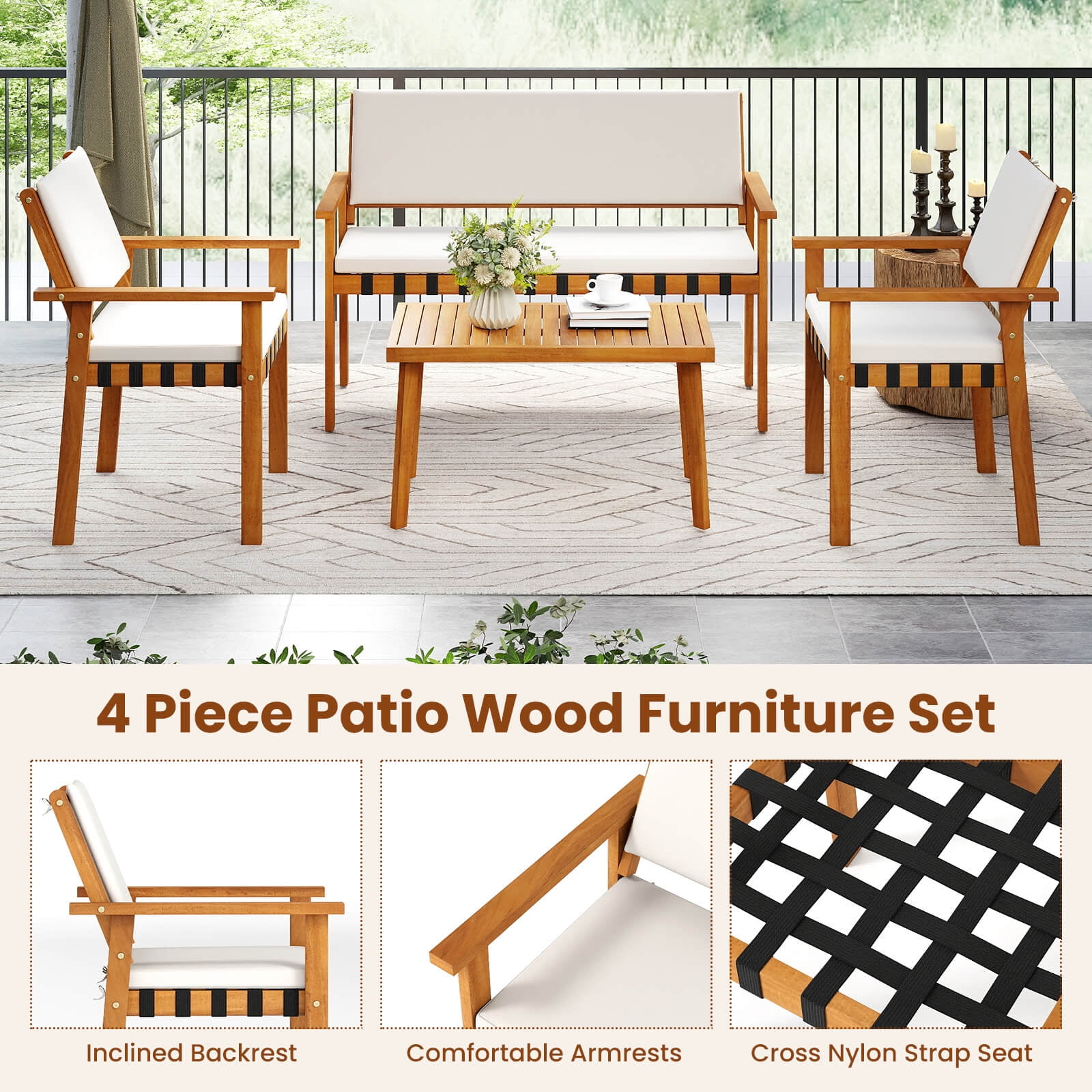 Costway 8-Piece Acacia Wood Patio Furniture Set with Coffee Table and Cushions (White, 8-Piece Set) toyzr