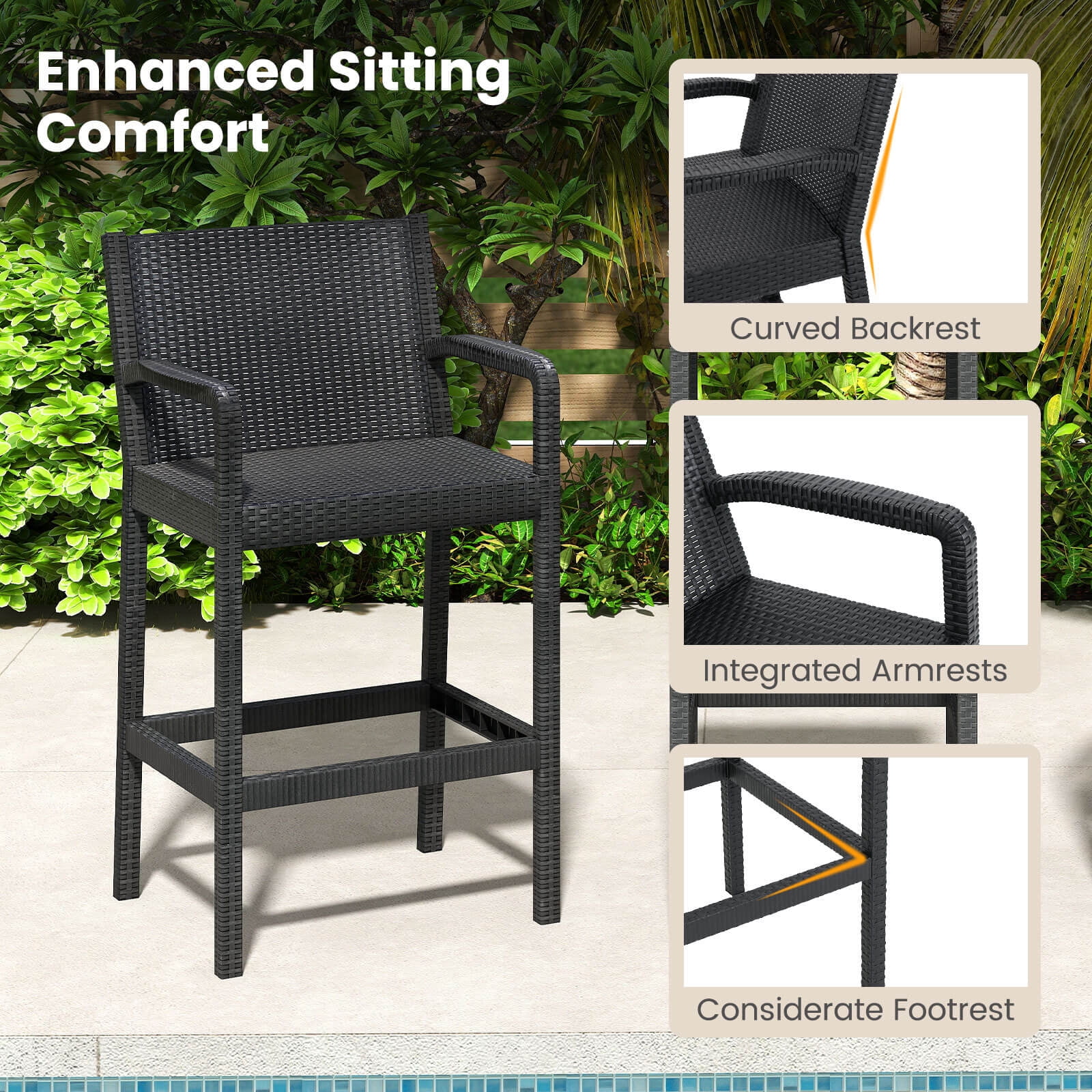 Costway 3-Piece Patio Bar Set with 2 Stools and 1 Bar Table (Black, 3-Piece Set) lf7dt
