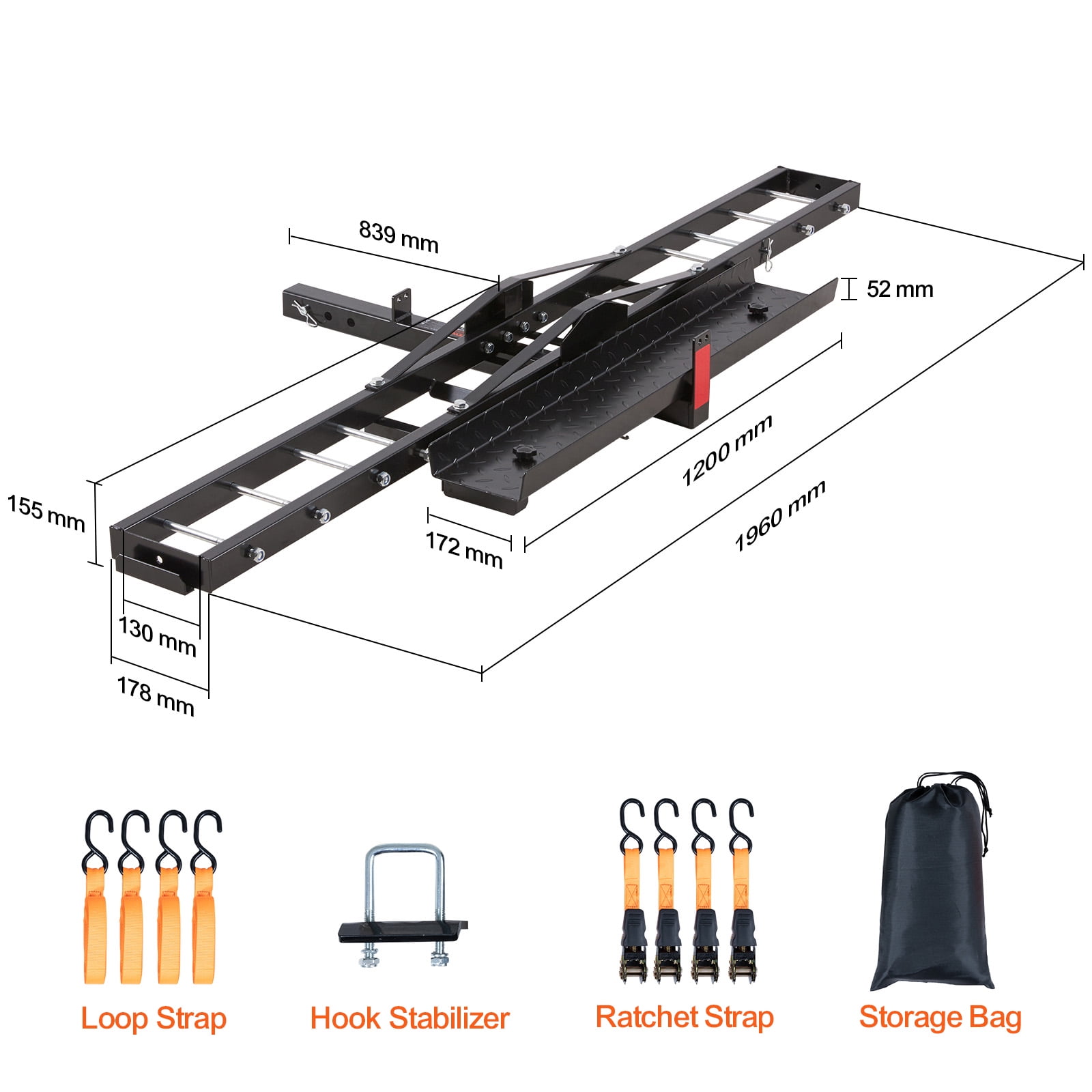KFFKFF Steel Motorcycle Hitch Carrier, Heavy-Duty Transport Rack with Loading Ramp, Tie-Down Straps & Stabilizer (600 lb Capacity, 2 in Hitch Receiver) 5k3ry