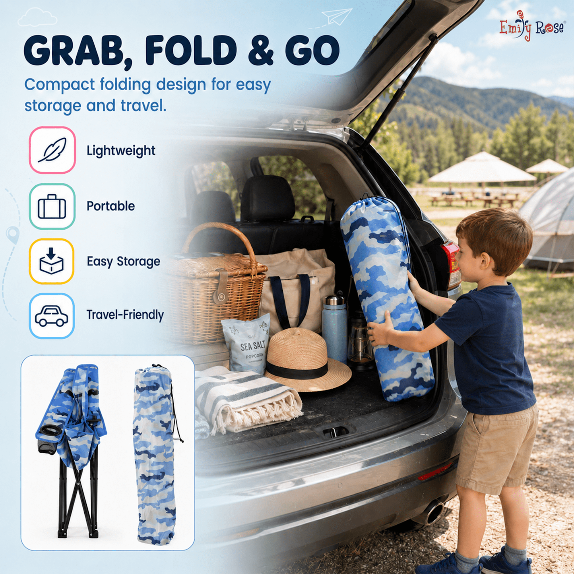 Emily Rose Portable Folding Beach Chair with Cup Holder and Carry Case (Blue Camo, 23.5 in x 13.5 in x 13.25 in) 9gael
