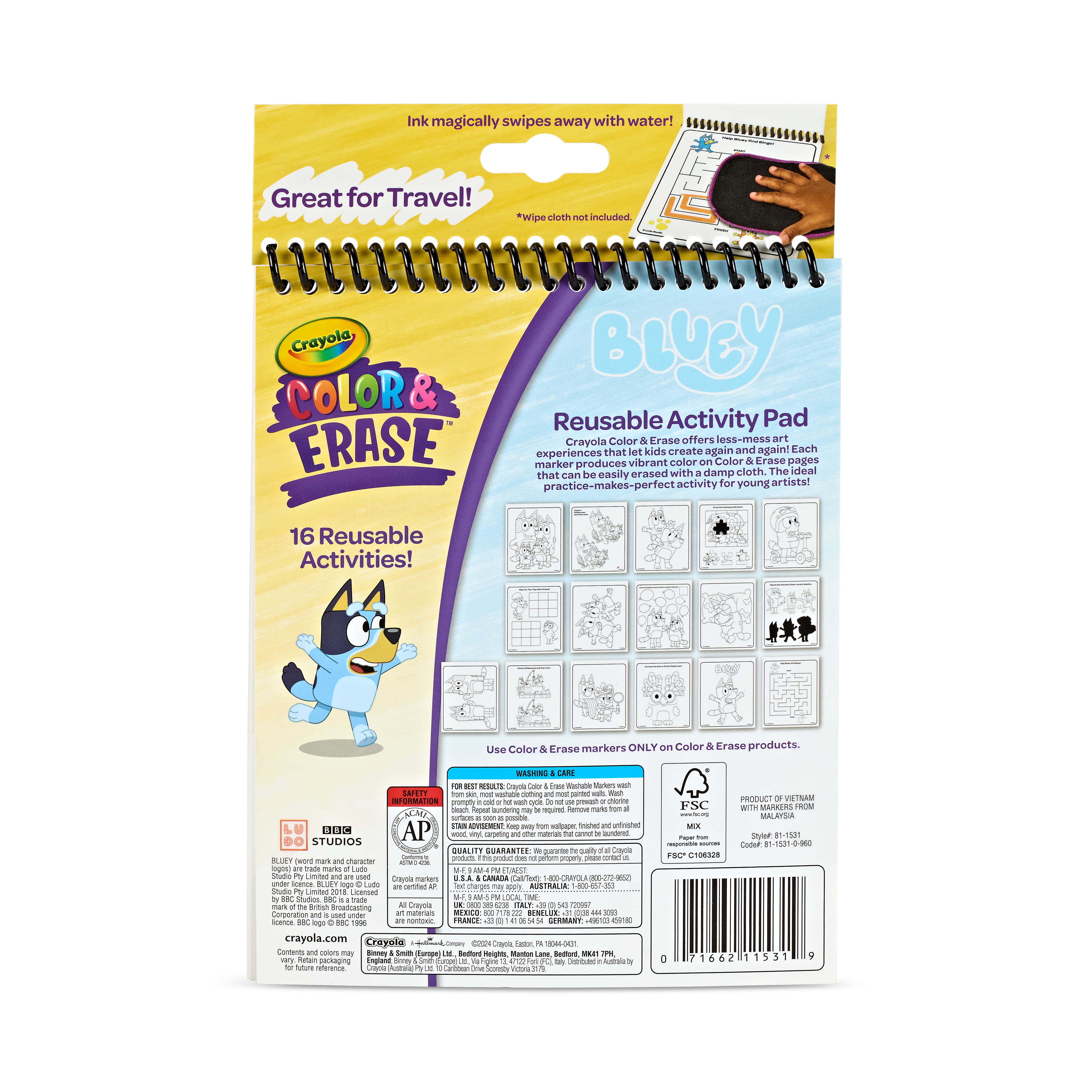 Crayola Bluey Color and Erase Reusable Activity Pad (Multicolor, 8 Pages with 3 Washable Markers) p5yzz