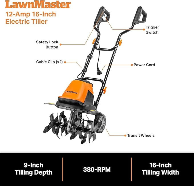 LawnMaster Electric Tiller, 12 Amp Corded Garden Cultivator with 6 Steel Tines (Green, 16 in) k3x0i