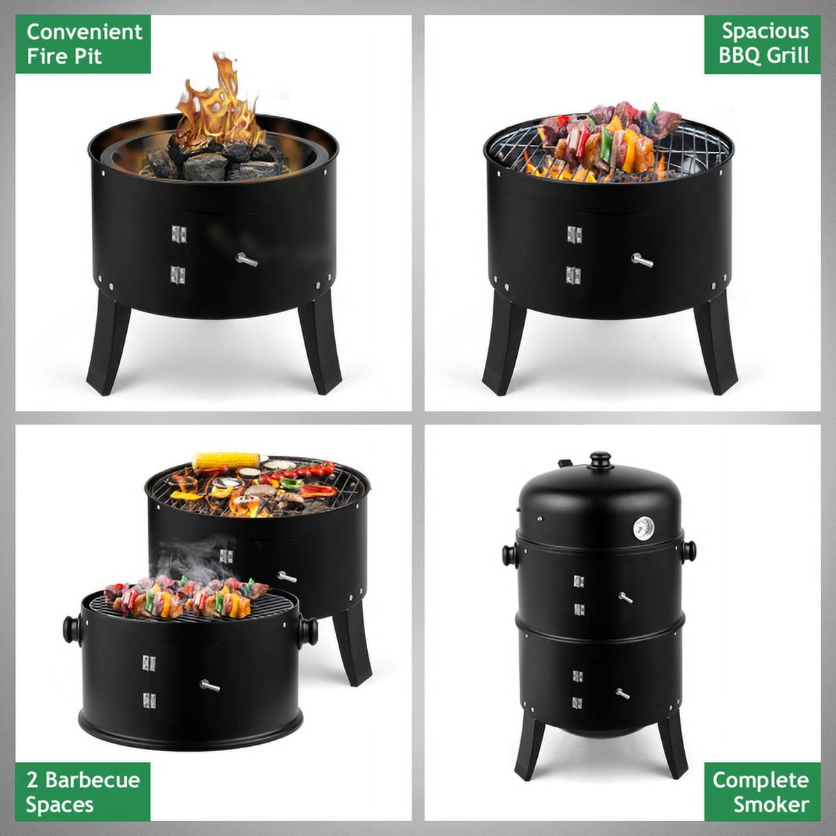 Geemuslly Vertical Charcoal Smoker, 3-in-1 Heavy Duty BBQ Grill for Outdoor Cooking (Black, 16 in) p67bx