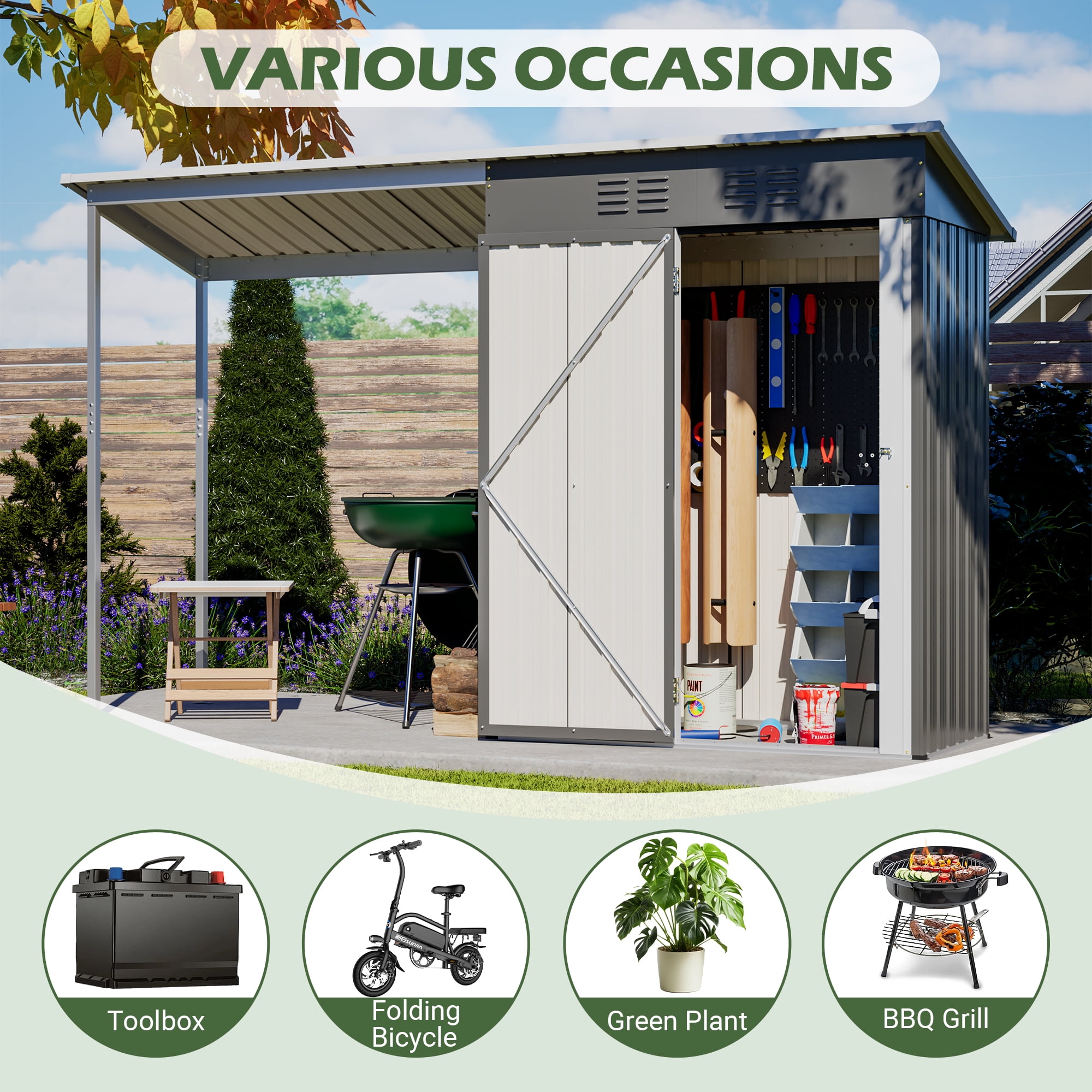 QDXDX Outdoor Gazebo with Lockable Storage Shed, Weather-Resistant Steel Garden Shelter (Gray, 5 ft x 3 ft) jgr3h