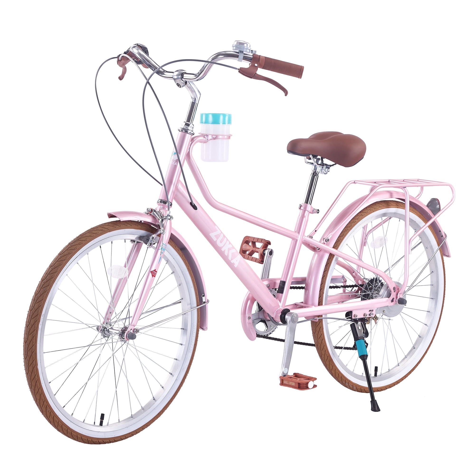 MEGHNA 24-inch Cruiser Bike 6-Speed Steel Frame Commuter Bicycle with Rear Rack and Cup Holder (Pink, 24 in) xhoso