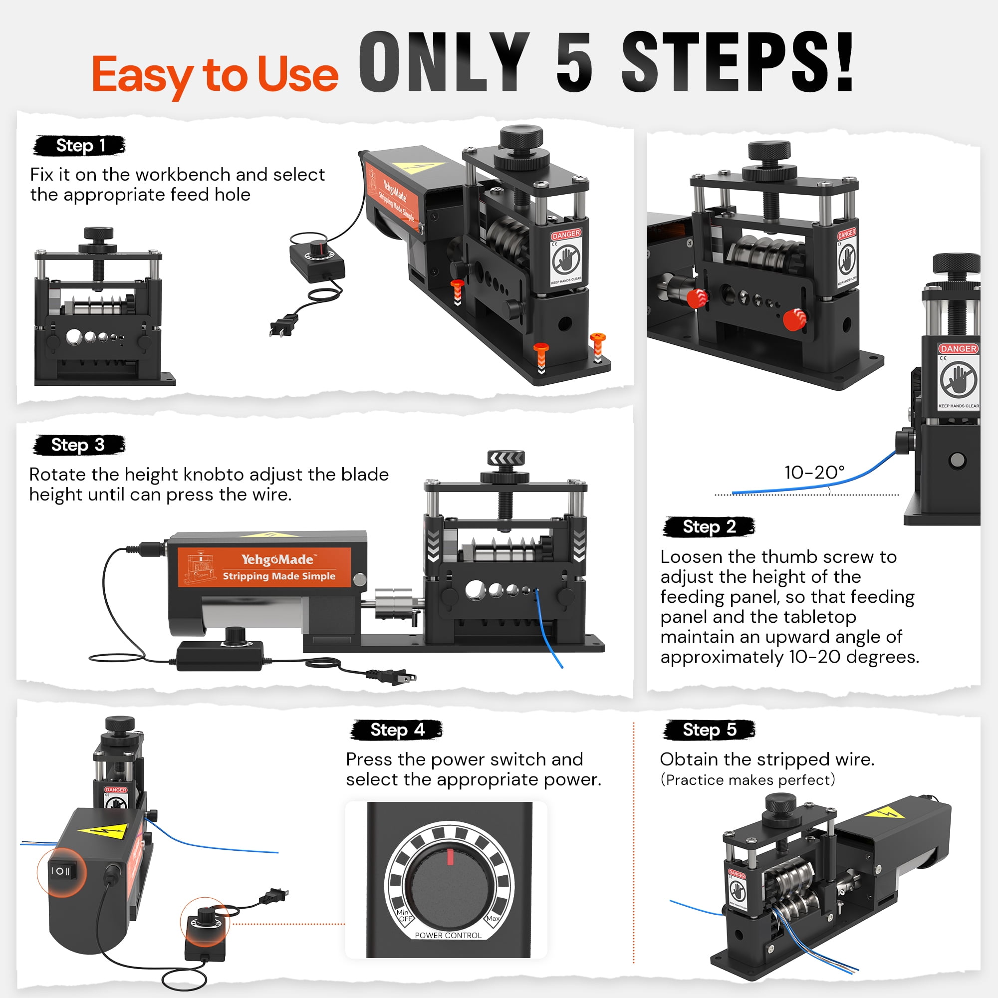 Tanfix Automatic Electric Wire Stripping Machine, Heavy-Duty Cable Stripper Tool for Copper Recycling (6 Channels, 5 Blades, 14AWG to 250MCM) t4twg