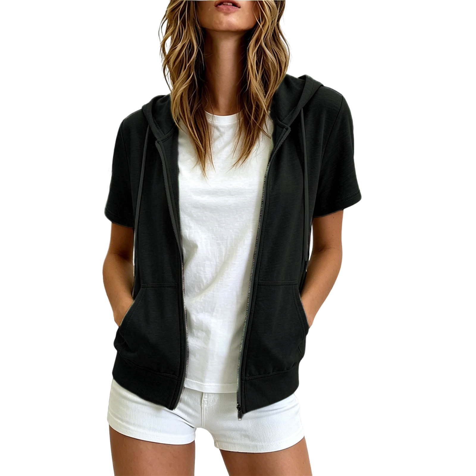 TGSLY Women's Short Sleeve Zip Up Hoodie Lightweight Casual Drawstring Jacket (Black, S) fuun1
