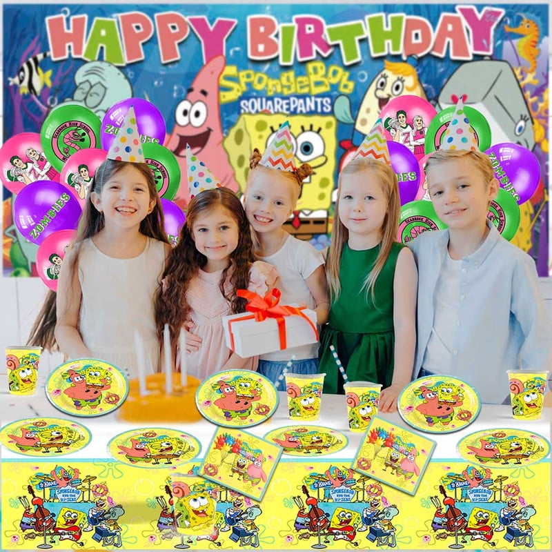 WEZHNFP Spongebob Squarepants Party Tableware Set Disposable Dinnerware Kit for 10 Guests (Multicolor, 79 Piece Set) 7dkbu