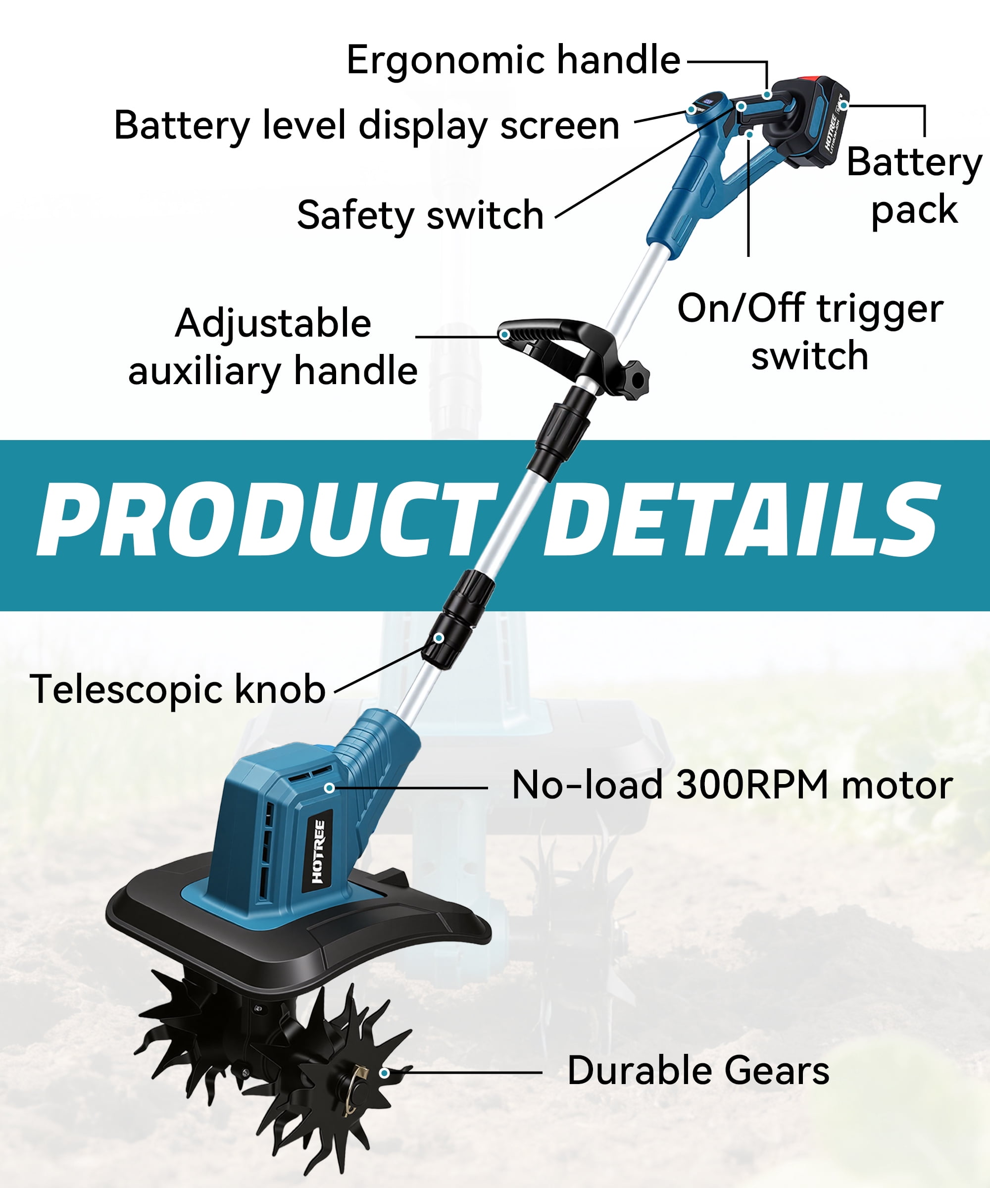 HOTREE Cordless Electric Tiller Garden Cultivator with 4 Steel Blades (12in Tilling Width, 8lb) 0yacl