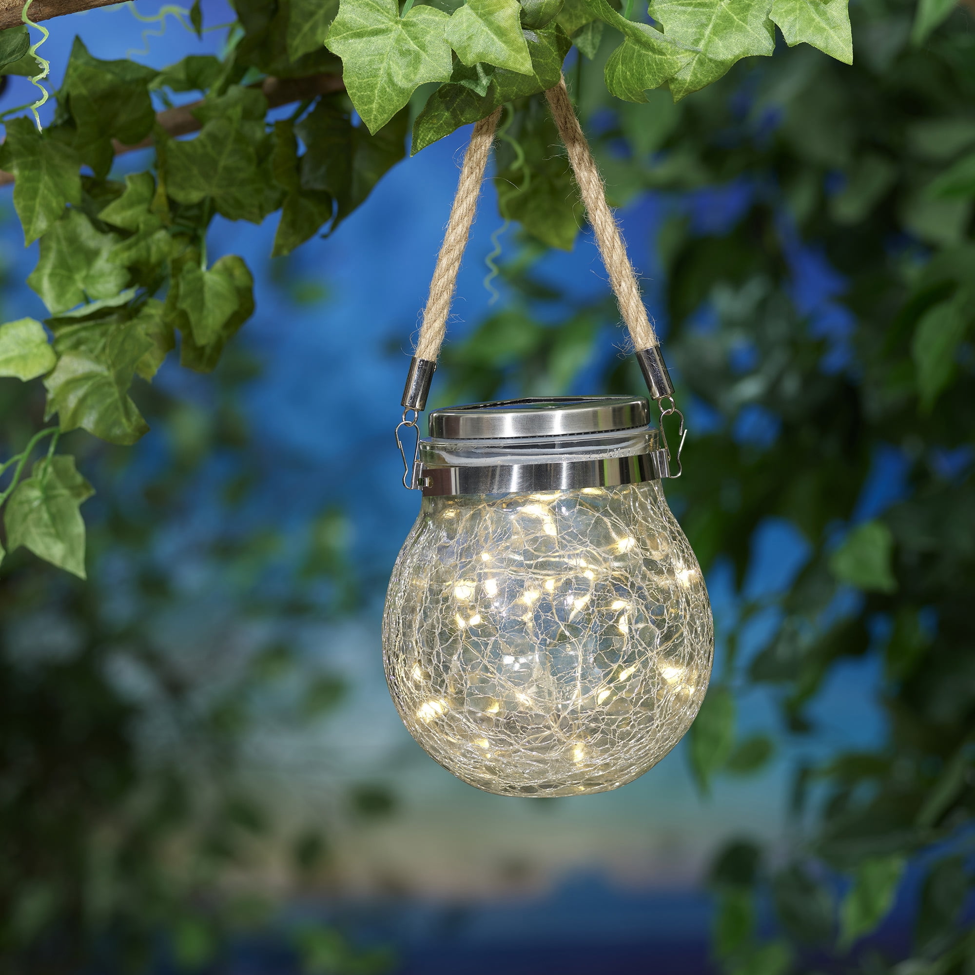 Mainstays Crackle Glass Solar Powered Jar Light with Warm White LED (5.5 in) n8e4s