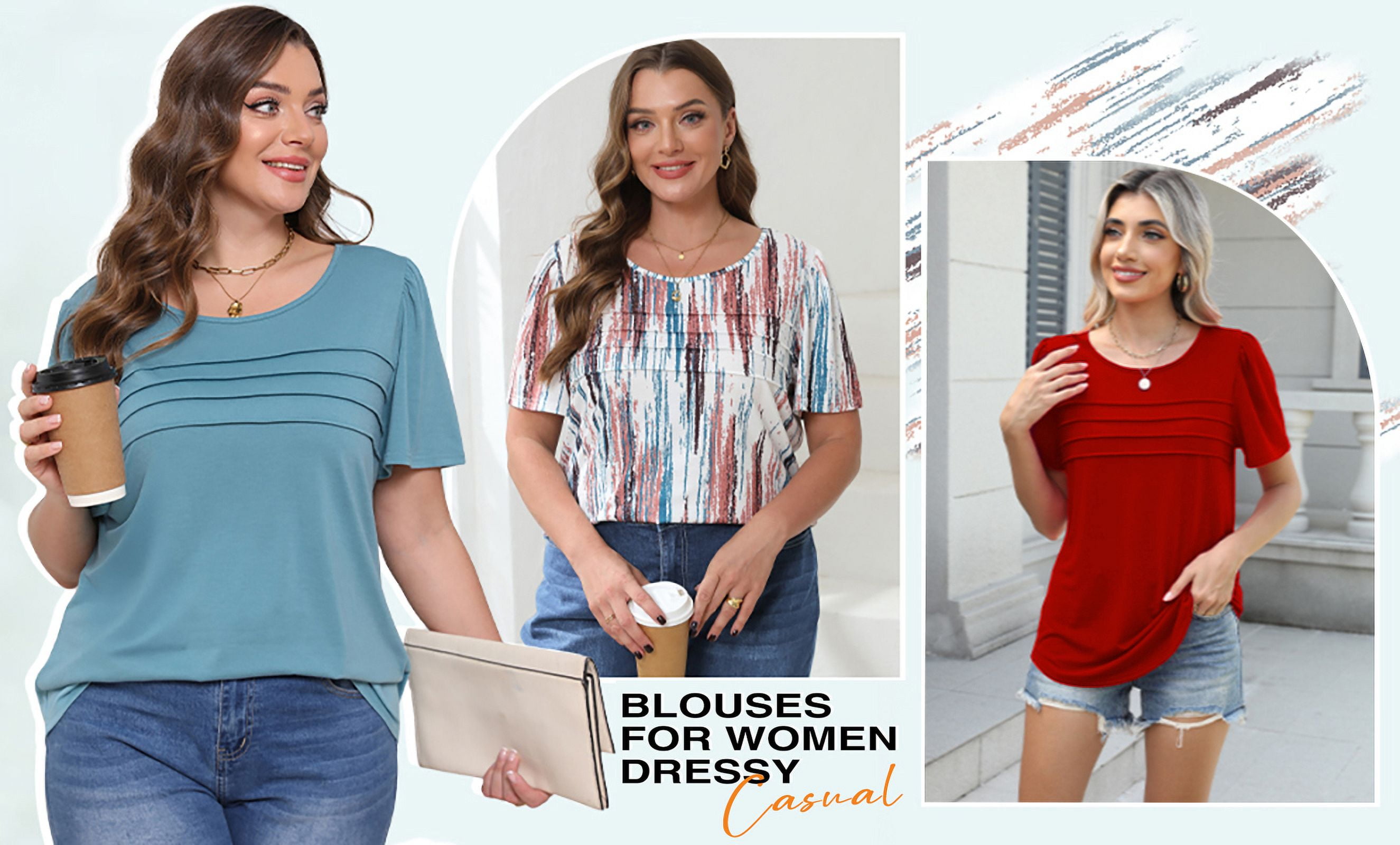Fantaslook Women's Dressy Casual Tunic Top Short Sleeve Pleated Crew Neck Shirt (Red, L) dv9ty