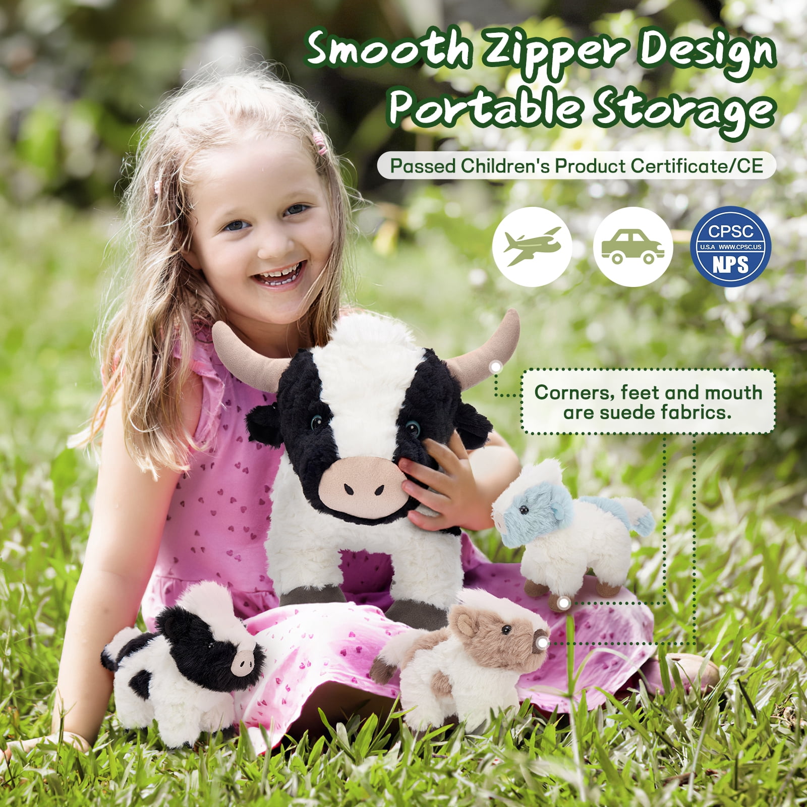 MorisMos Cow Stuffed Animal Set with 3 Baby Calf Plushies (White, 20.5 in) utivh