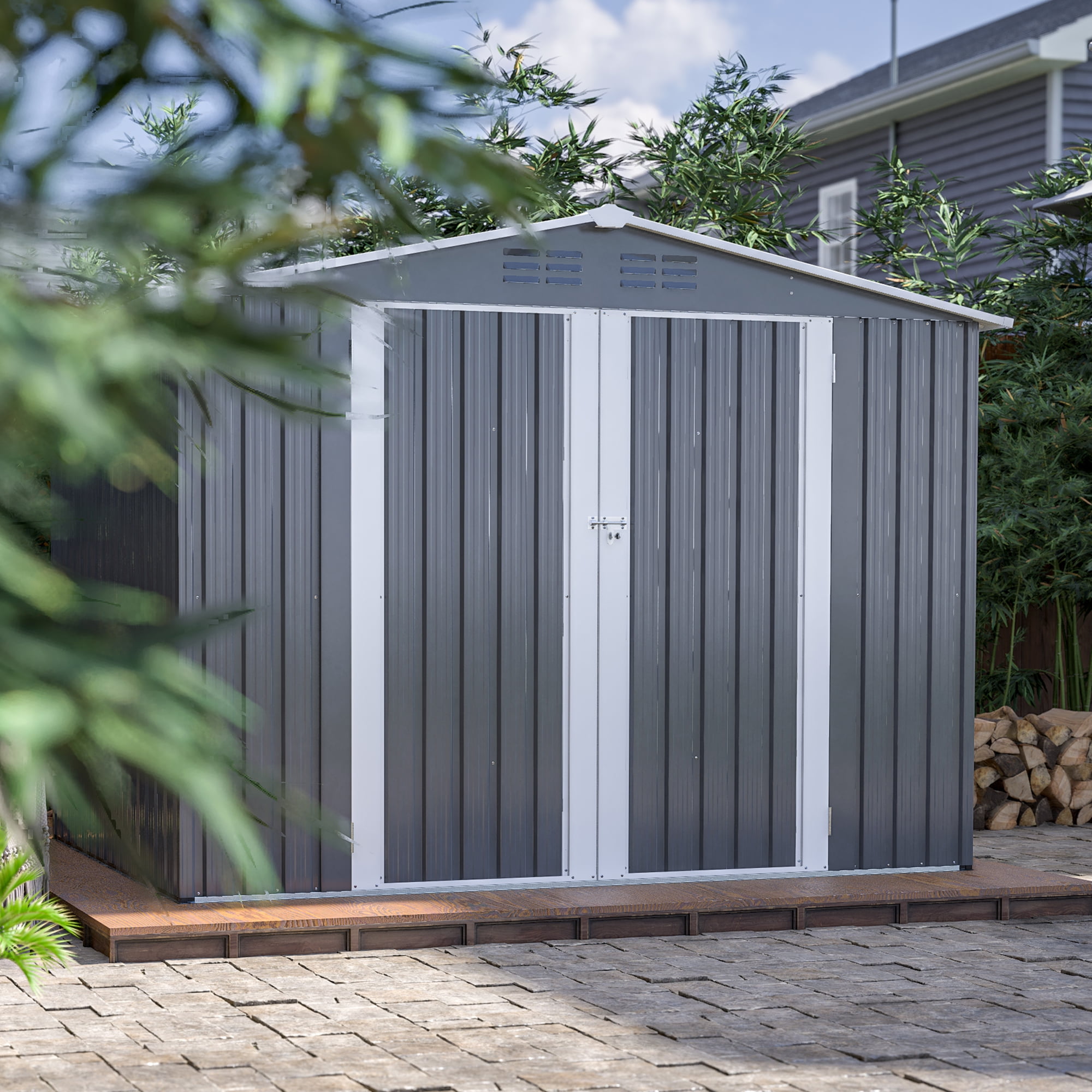LIVIVOX Outdoor Garden Storage Shed with Lockable Doors and Air Vents (Grey, 8 x 6 ft) 131j3