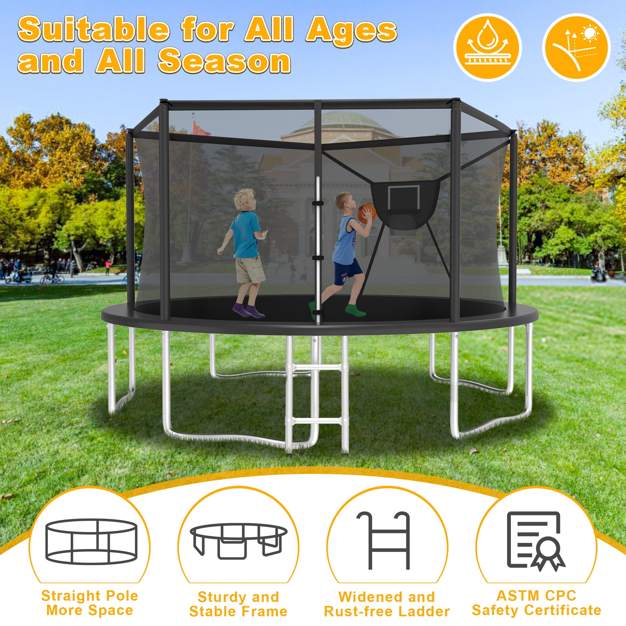 XMIKA 14ft Outdoor Round Trampoline with Enclosure Net, Basketball Hoop, Sprinkler, and Ladder (Black, 1400 lb Capacity) n3d4b