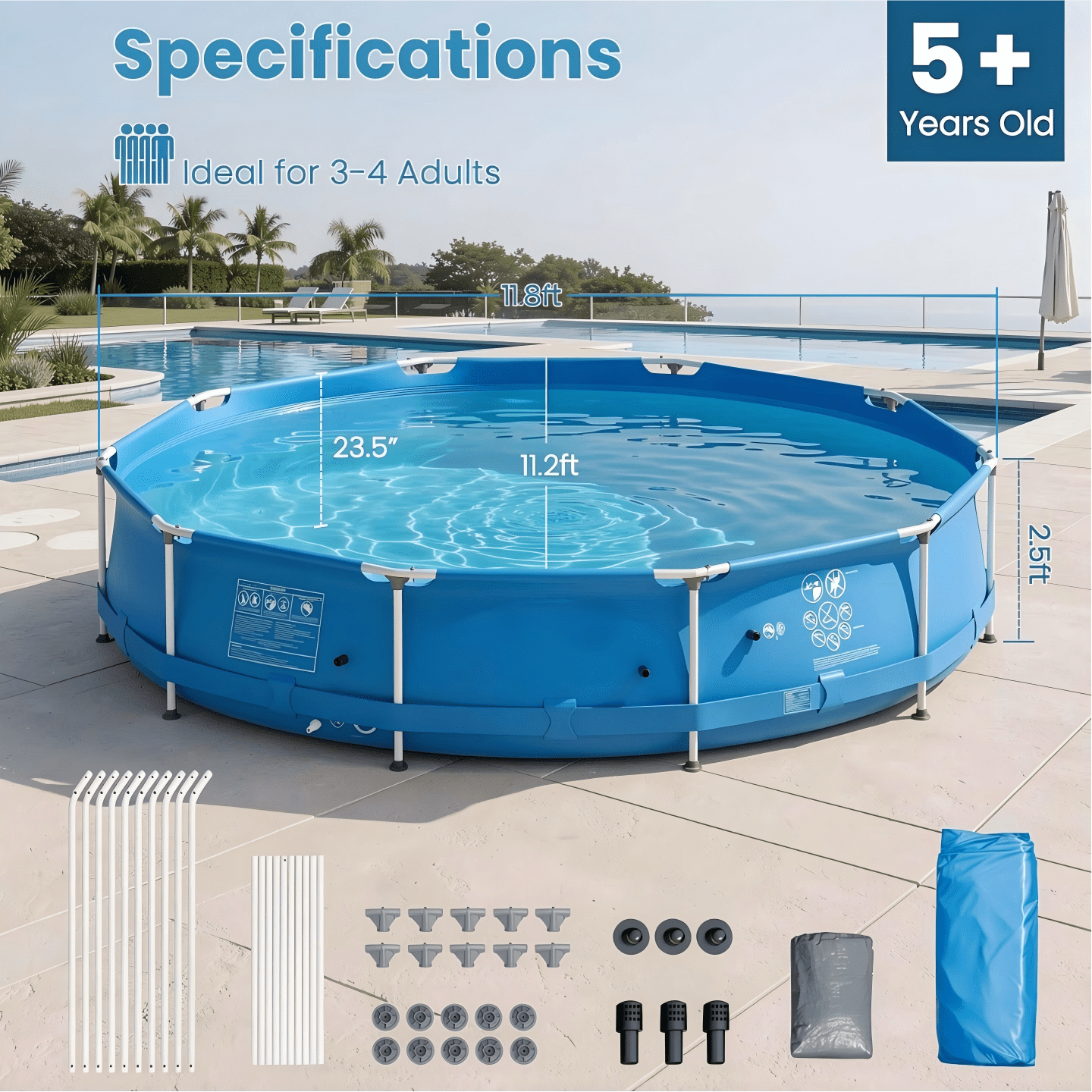 Airfind Round Above Ground Swimming Pool with Iron Frame and Cover (Blue, 12 ft x 30 in) ozlb0