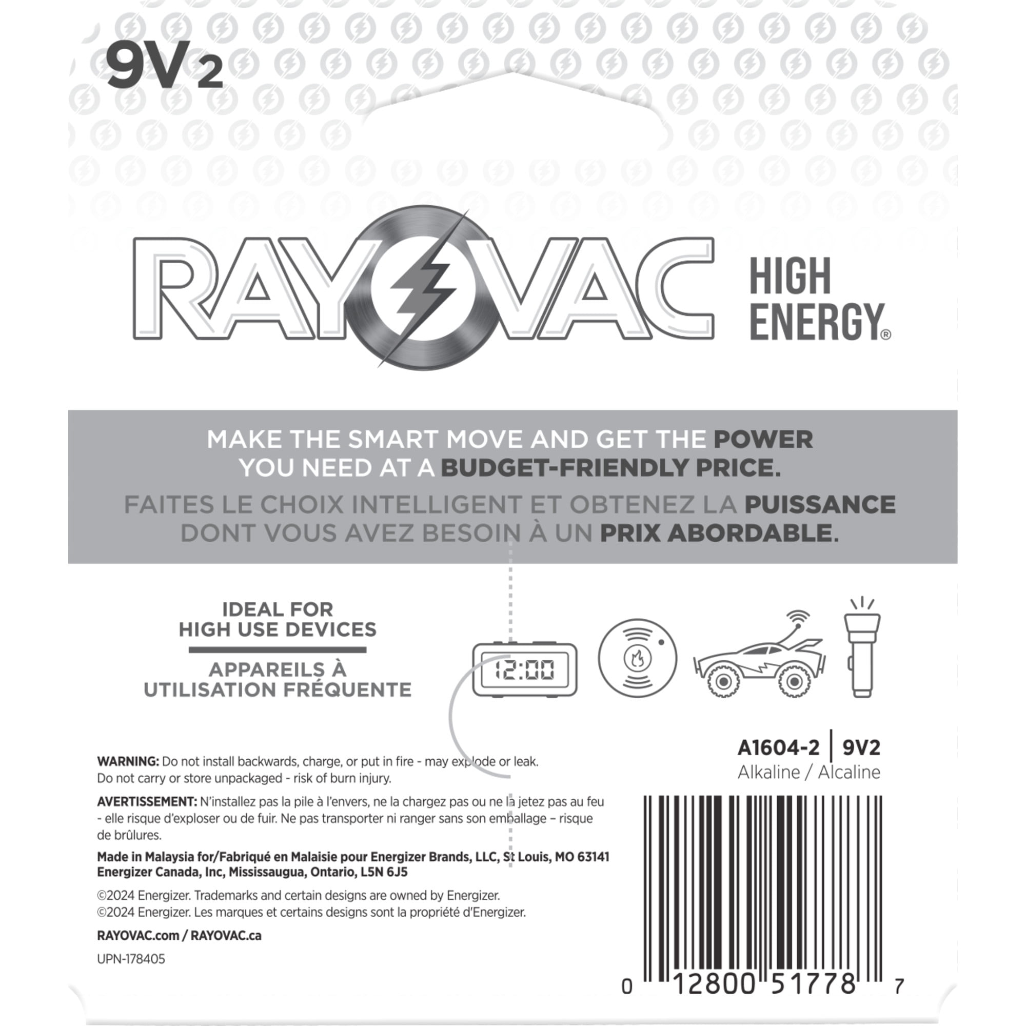 Rayovac High Energy 9V Alkaline Batteries (Long-Lasting Power, 2 Pack) x2qu9