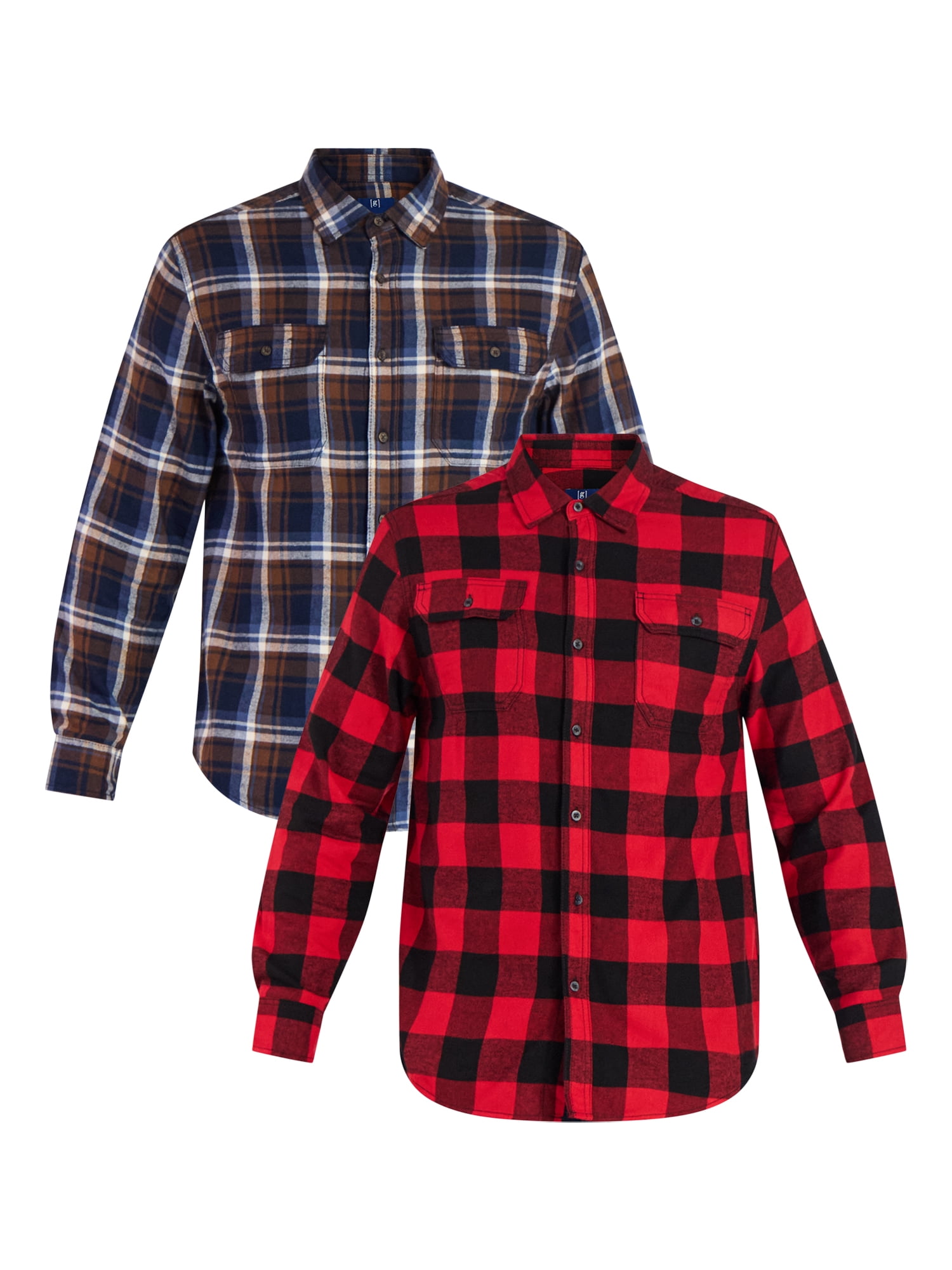 George Men's Long Sleeve Plaid Flannel Shirt, Double Pocket Button Down, 2 Pack (Brown, XS) kocxj