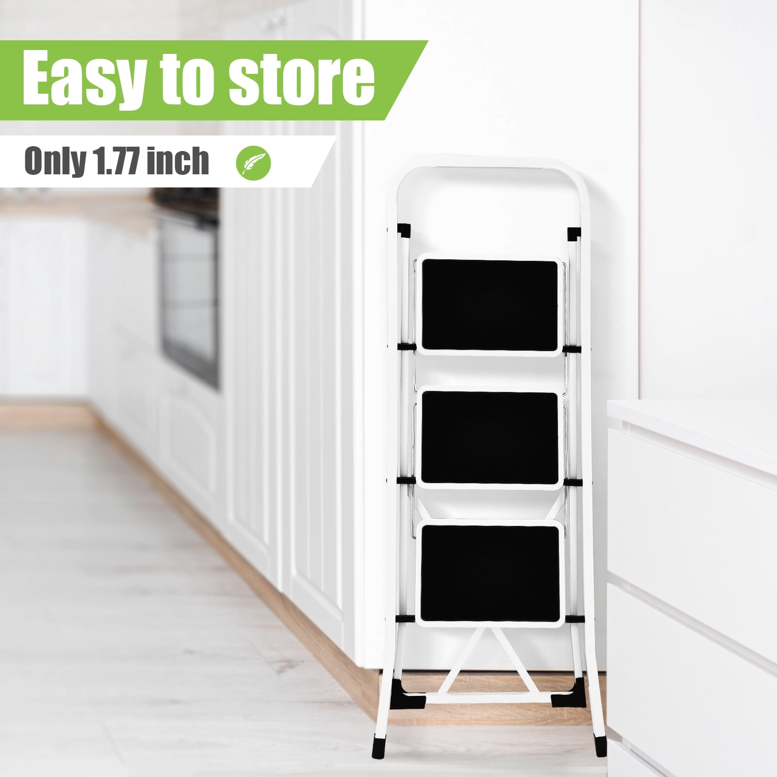 HBTower 3 Step Ladder, Folding Step Stool with Anti-Slip Pedals and Handrails, Heavy-Duty Steel Frame (White, 330 lb Capacity) ydqro