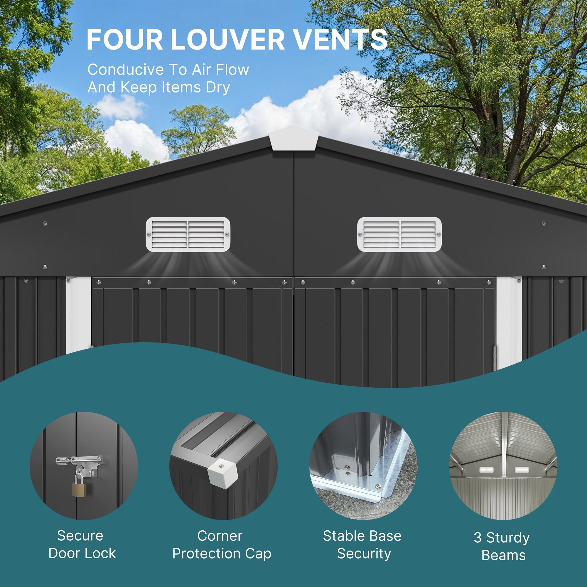 Lofka 10x10 ft Outdoor Storage Shed, Waterproof Galvanized Steel Garden Shed with Lockable Doors (Dark Gray) n2te0