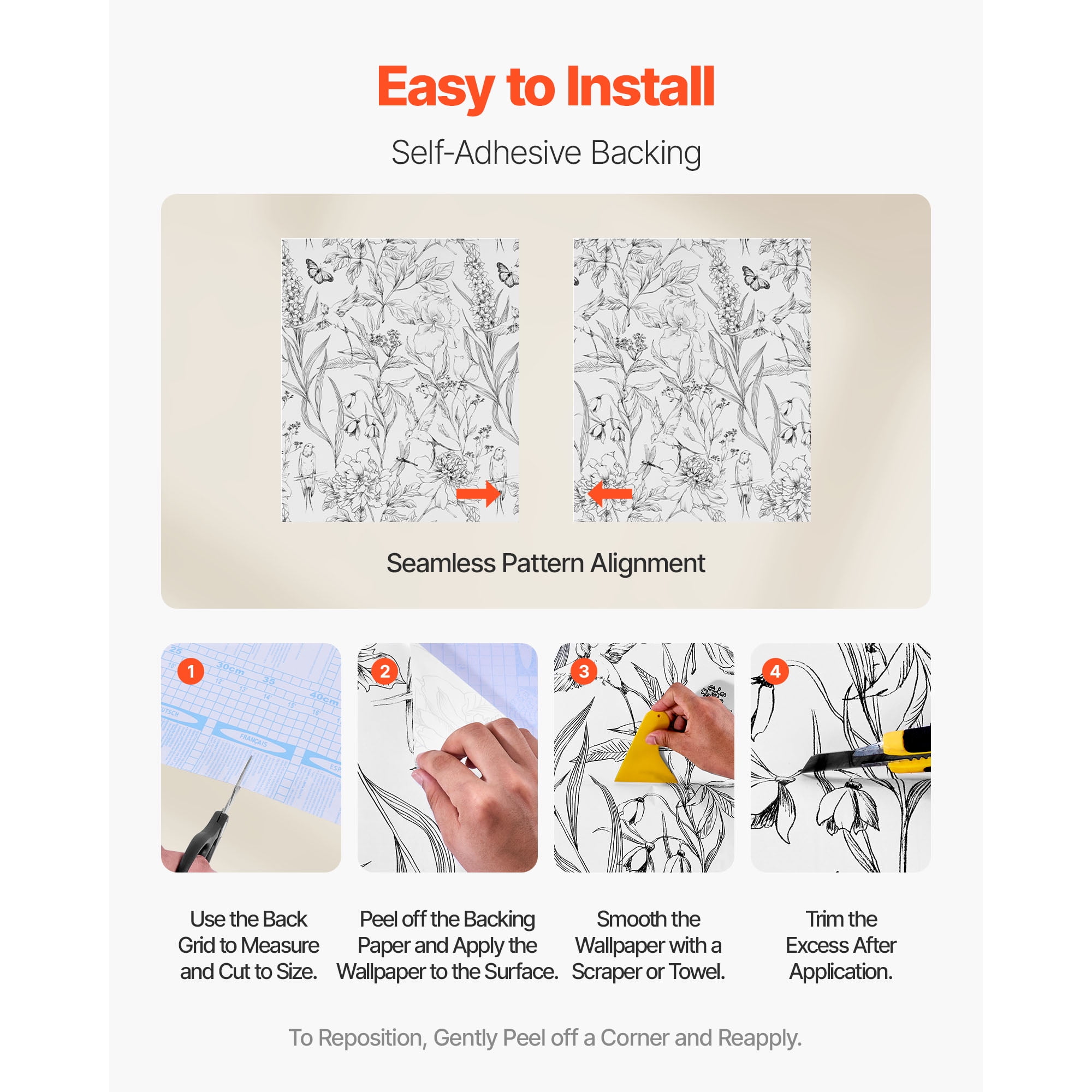 KFFKFF Peel and Stick Wallpaper, Botanical Floral Contact Paper, Waterproof Self-Adhesive Vinyl for Home Decor (White, 17.7 in x 32.8 ft) ok40v