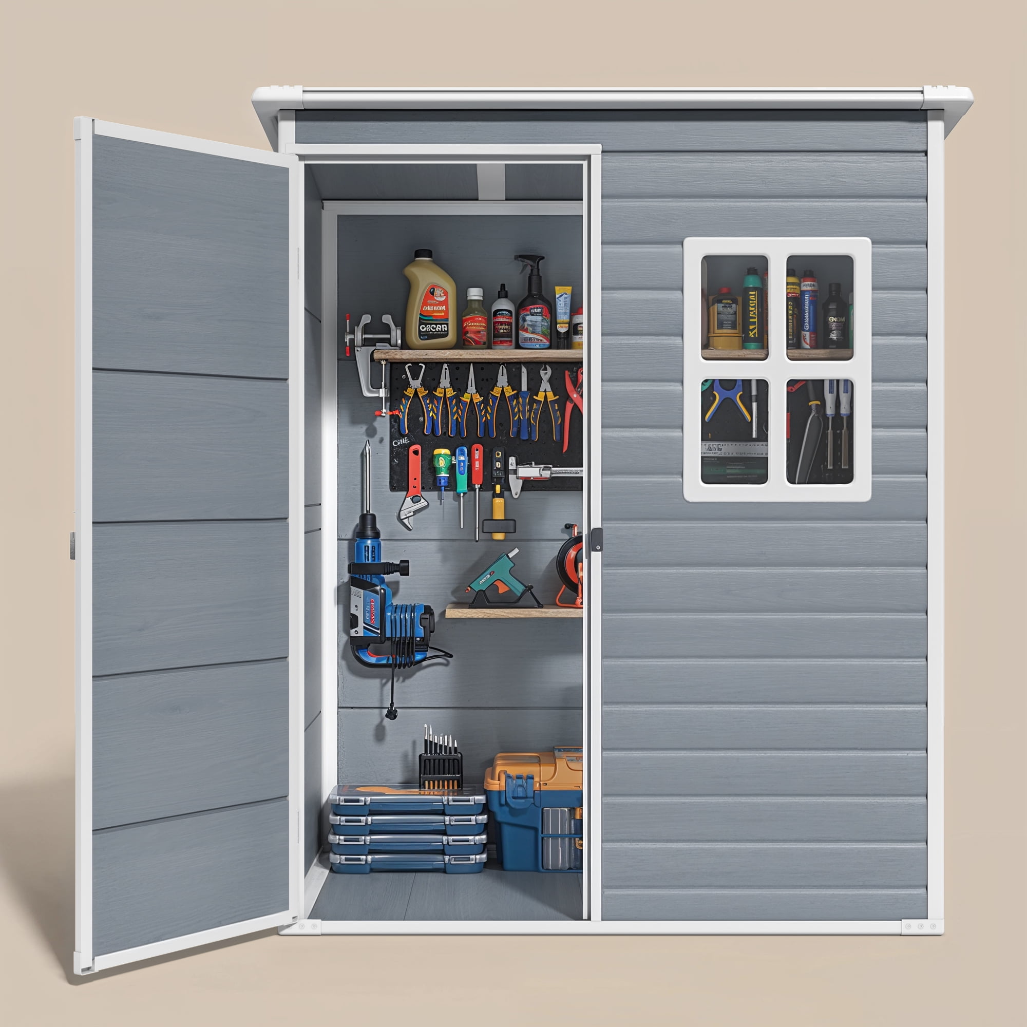 Asofer Recycled Resin Outdoor Storage Shed, Weatherproof Garden Tool Organizer with Molded Base and Lockable Door (Gray, 5x3 ft) ez5fl