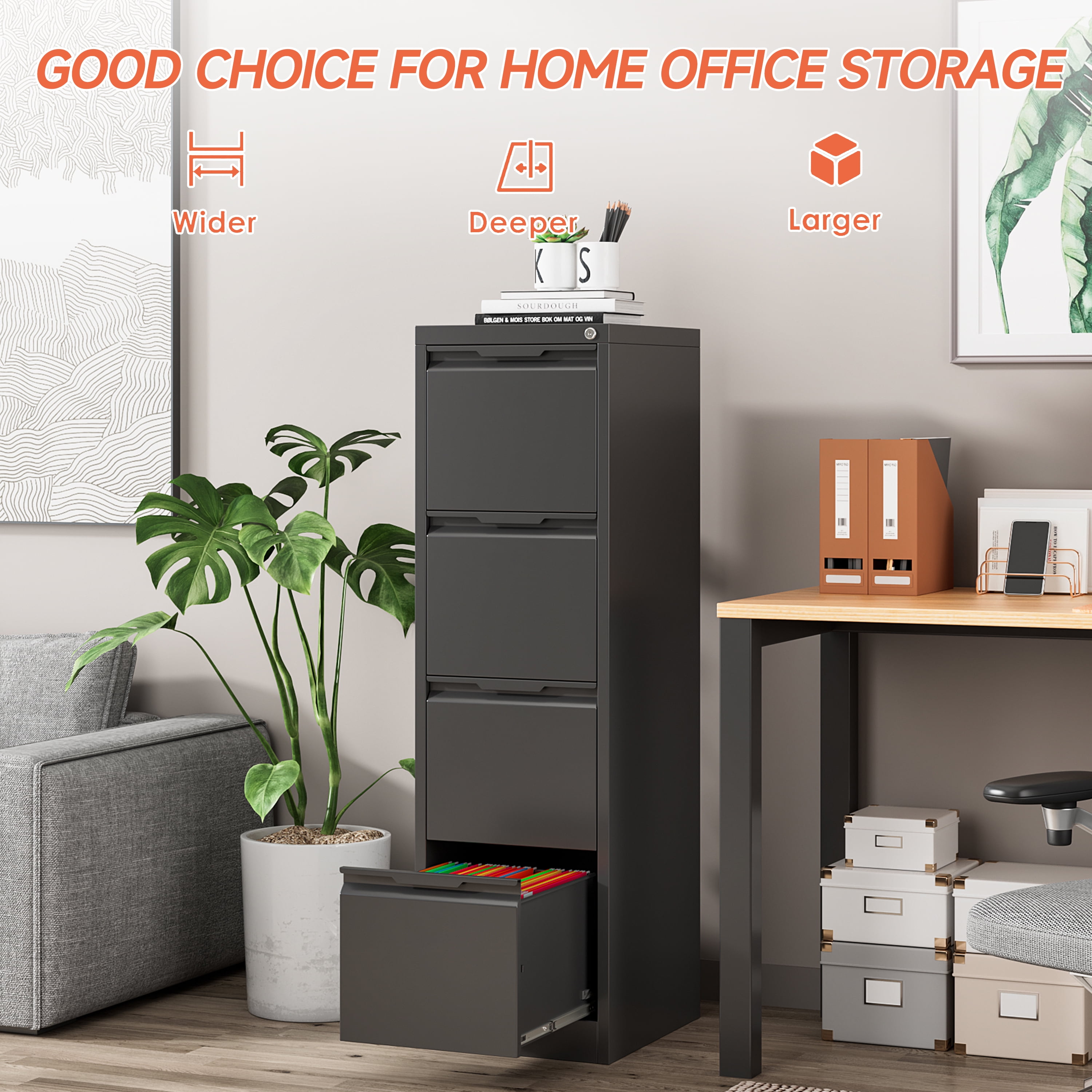 Kooyon 4 Drawer Metal File Cabinet with Lock, Heavy-Duty Home Office Filing Storage (Black, 17.8 in Deep) tyn09