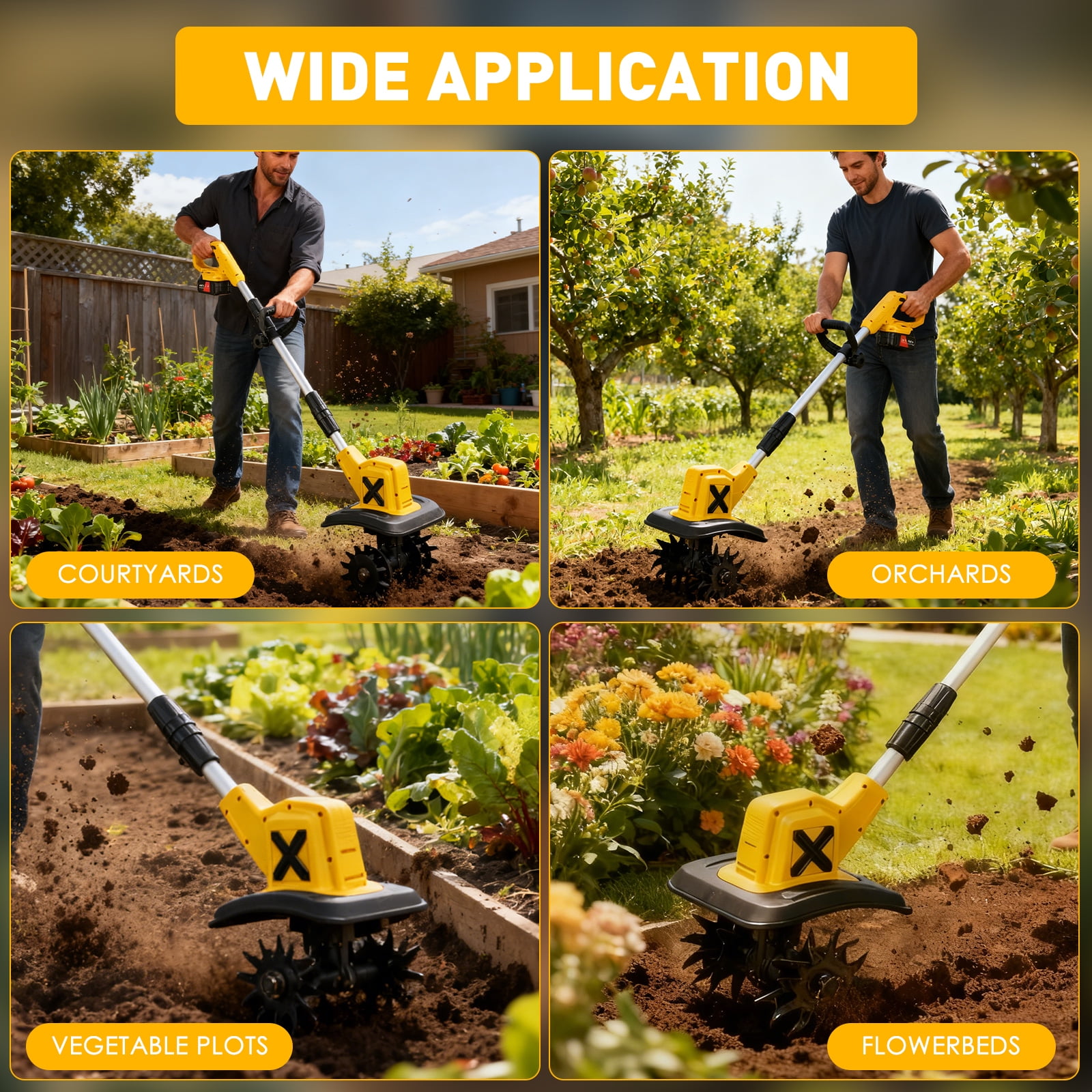HUSGW Cordless Electric Tiller Cultivator, 21V Garden Rototiller with 2 Batteries & Charger (9 in Tilling Width, 6 in Depth) jd10g