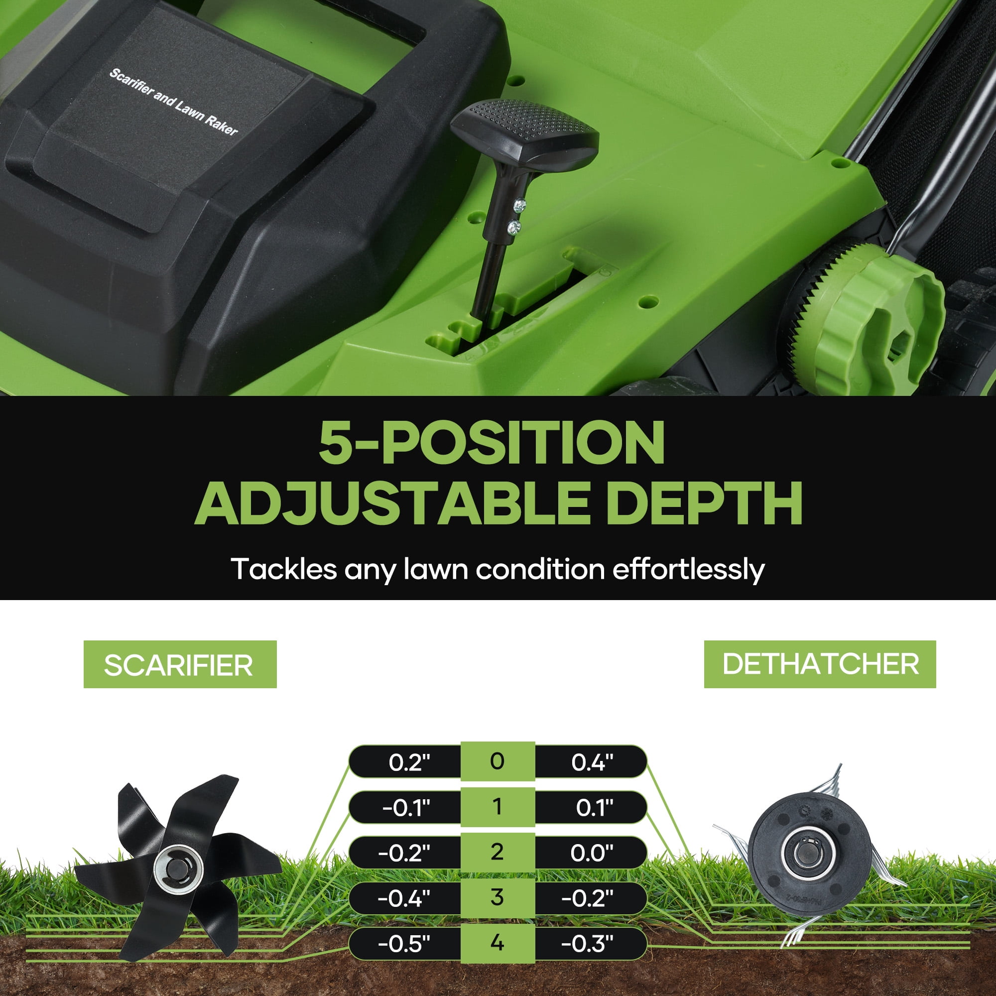 GASKY 15-inch Electric Dethatcher and Scarifier, 15A Lawn Care Tool with 5-Position Depth Adjustment (Green, 15 in) s3l4f