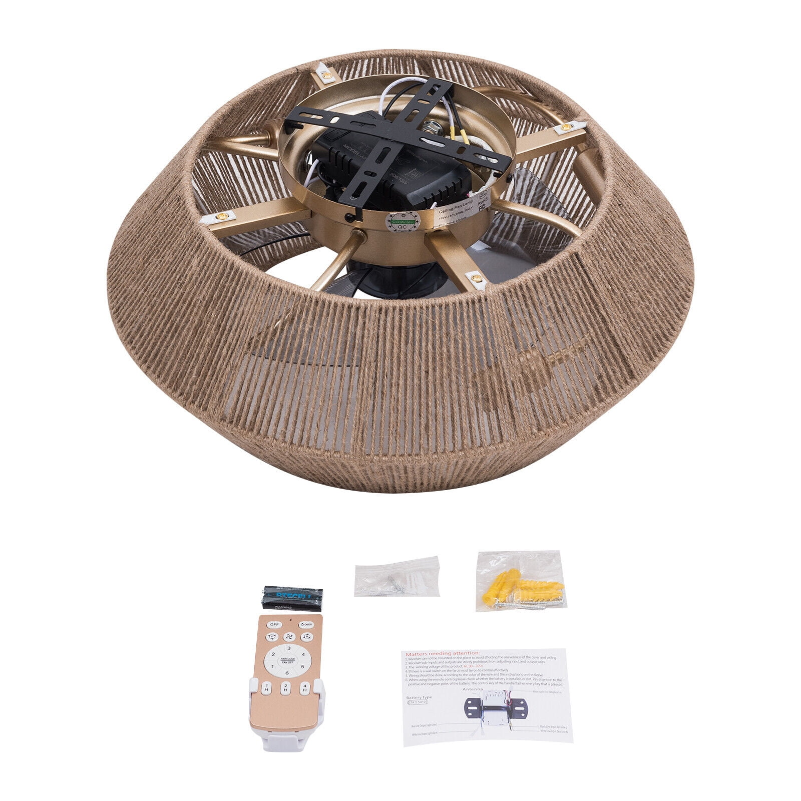Miumaeov Boho Rattan Caged Ceiling Fan with Light and Remote Control (6 Speeds, 7.08 in Base) mrl8w