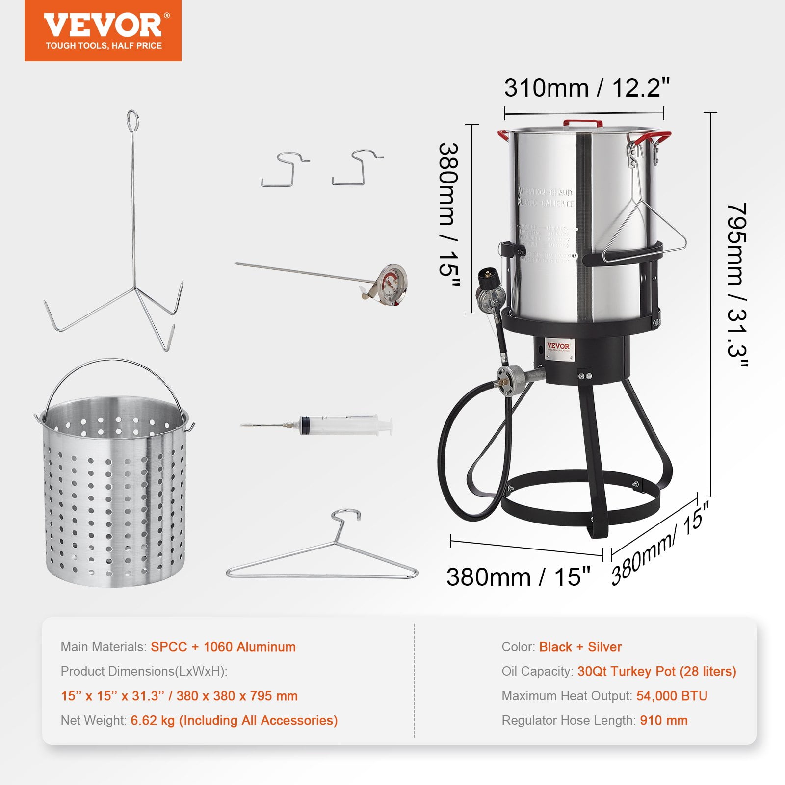 VEVOR Turkey Deep Fryer Set, Outdoor Propane Gas Boiler Cooker with 30-qt Aluminum Pot, Basket, and Rack (Silver, 30-qt) 82354