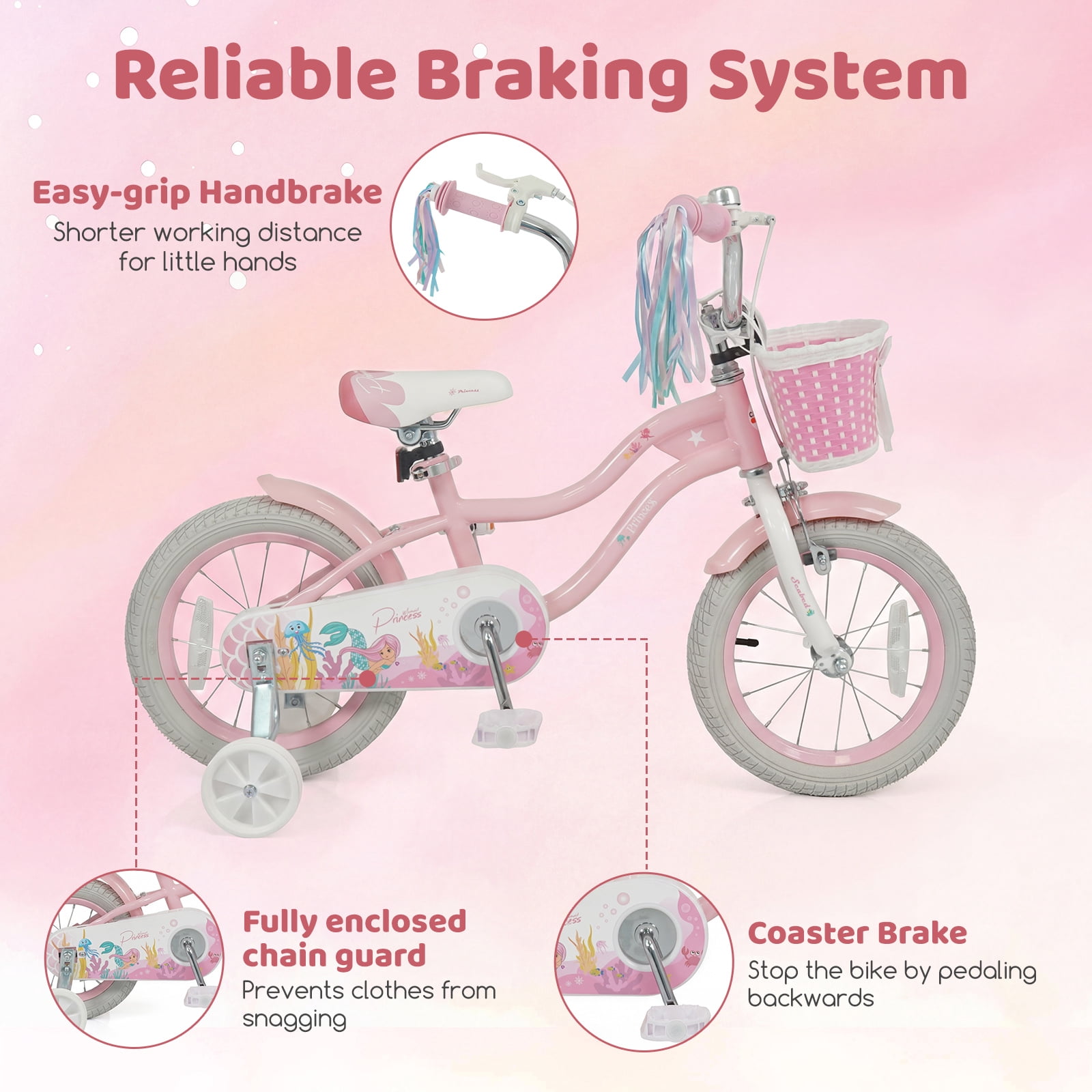 Costway 14 in Kids Bike with Training Wheels and Basket (Pink, 14 in) 78kbm