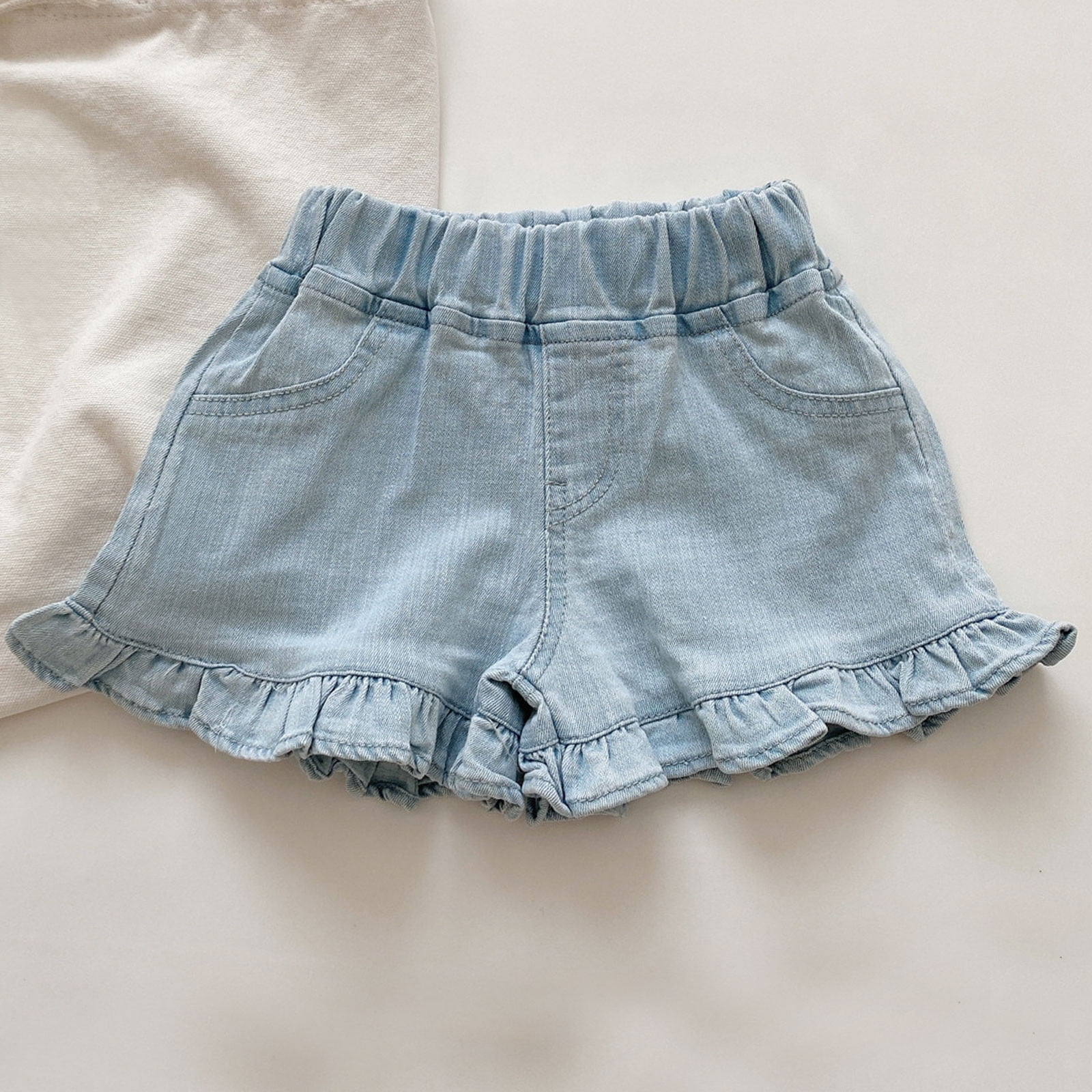 Bovxnpu Toddler Girls Denim Shorts, Distressed Ripped Ruffle Shorts with Pockets and Elastic Waist (Blue, 6 Years) 1gilw