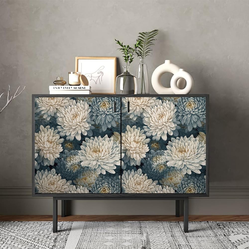Usachibb Floral Peel and Stick Wallpaper Vintage Navy Botanical Contact Paper for Furniture and Walls (White, 17.7 in x 118.1 in) 80m28