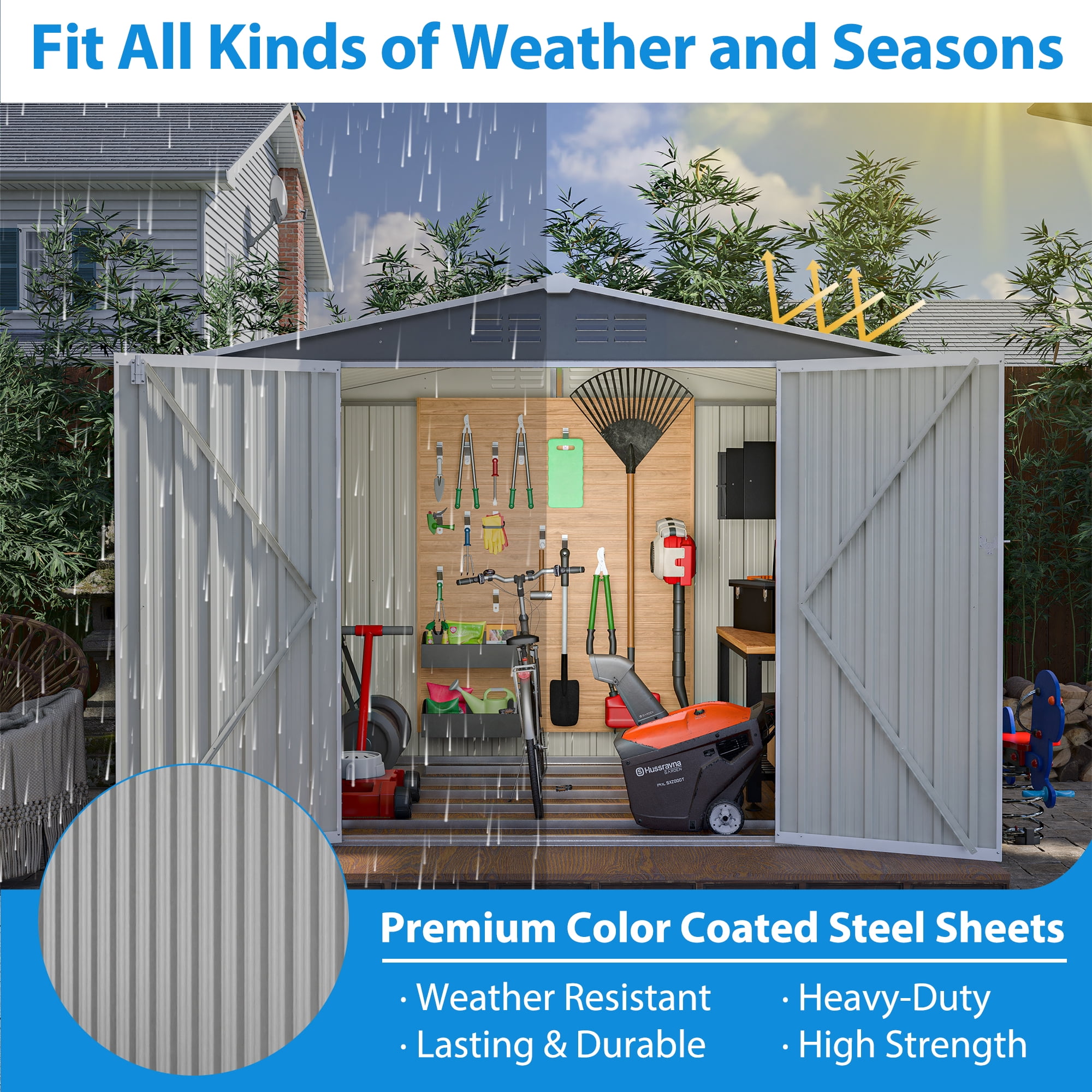 LIVIVOX Outdoor Garden Storage Shed with Lockable Doors and Air Vents (Grey, 8 x 6 ft) 131j3