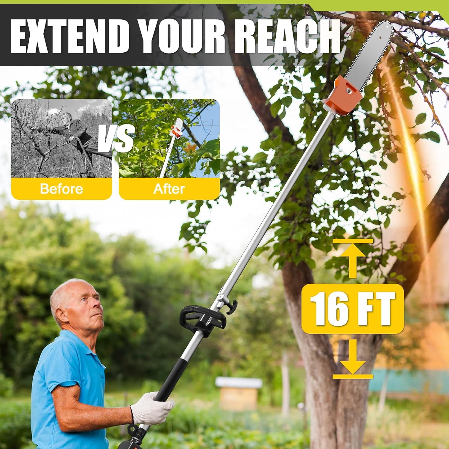Yotree 48cc 2-Cycle Gas Powered Pole Saw, Telescoping Extension Chainsaw for Tree Trimming (Orange, 16 ft Reach) 37ywa