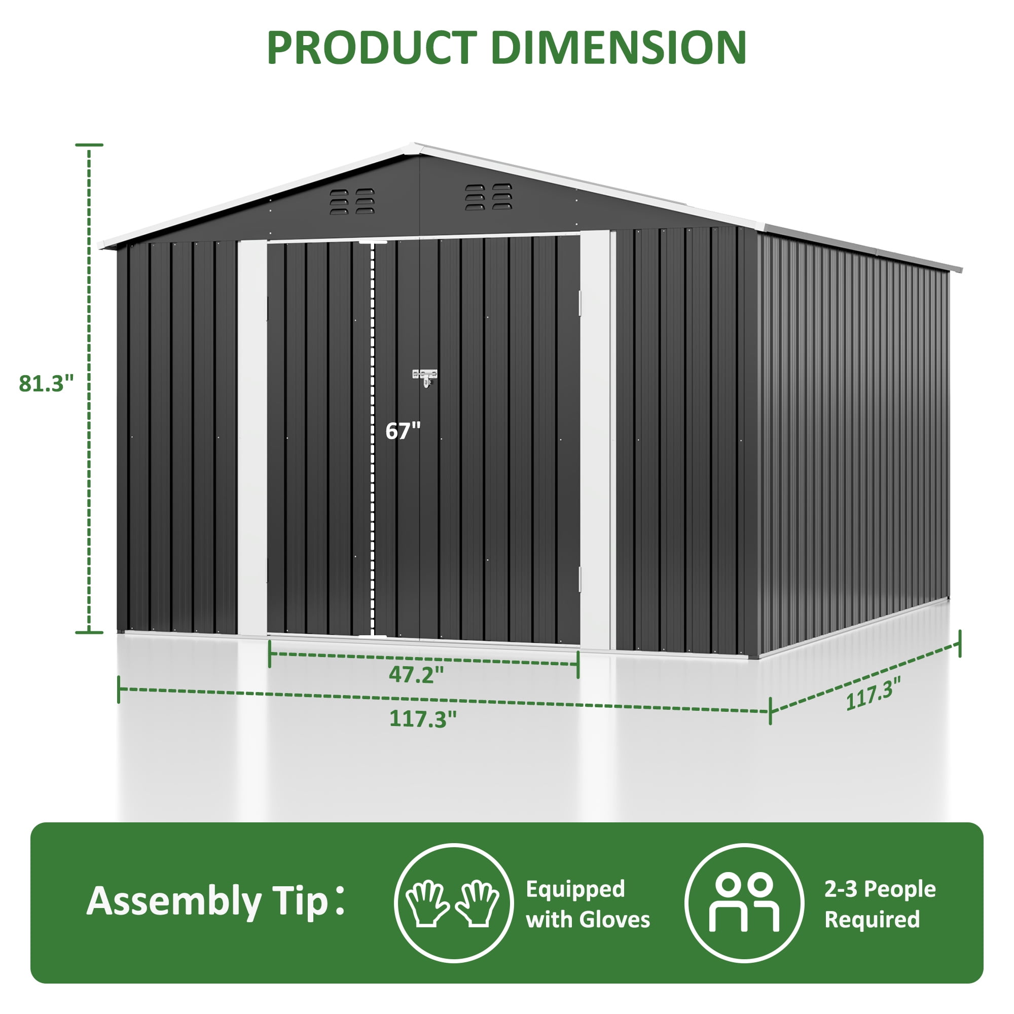 NETAJE Outdoor Metal Storage Shed with Lockable Doors and Sloped Roof (Gray, 10 ft x 10 ft) z15n8