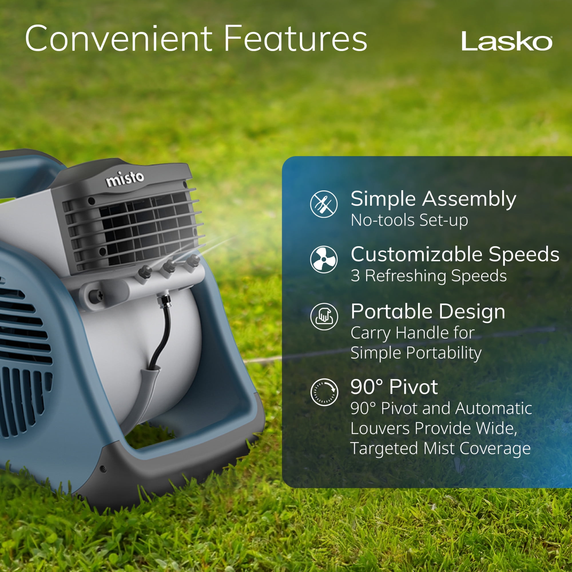 Lasko Misto Outdoor Misting Fan, Pivoting Patio Cooling Fan with 3 Speeds and GFCI Safety Cord (Blue, 15 in) uhryb