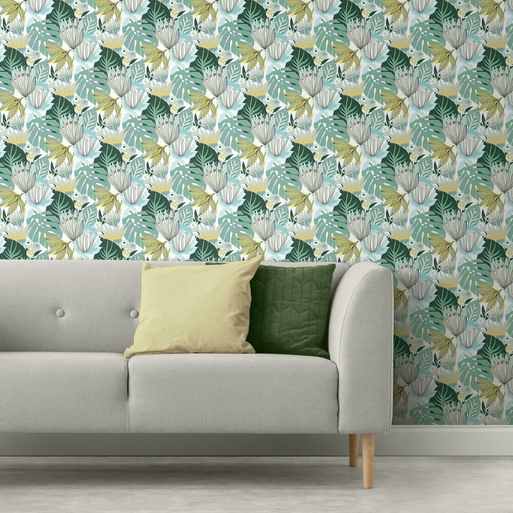 RoomMates Retro Tropical Leaves Peel and Stick Wallpaper (Pink, 20.5 in x 16.5 ft) jncuq