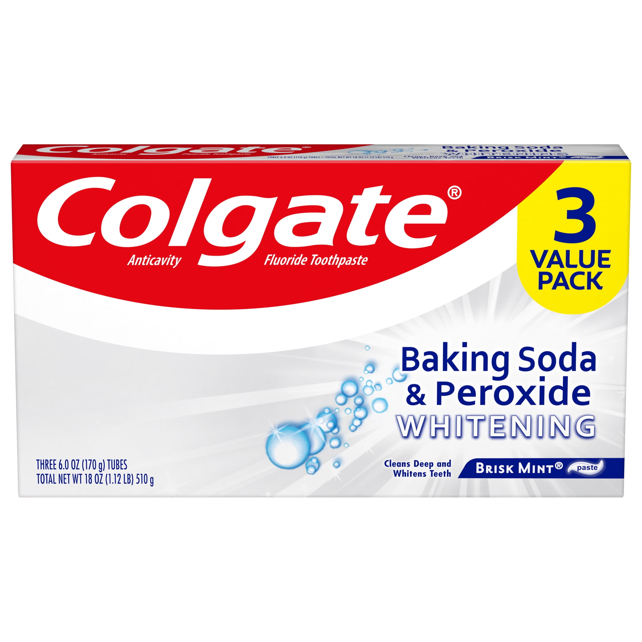 Colgate Baking Soda and Peroxide Whitening Toothpaste, Brisk Mint, Cavity Protection (3 Pack, 6 oz) i4172