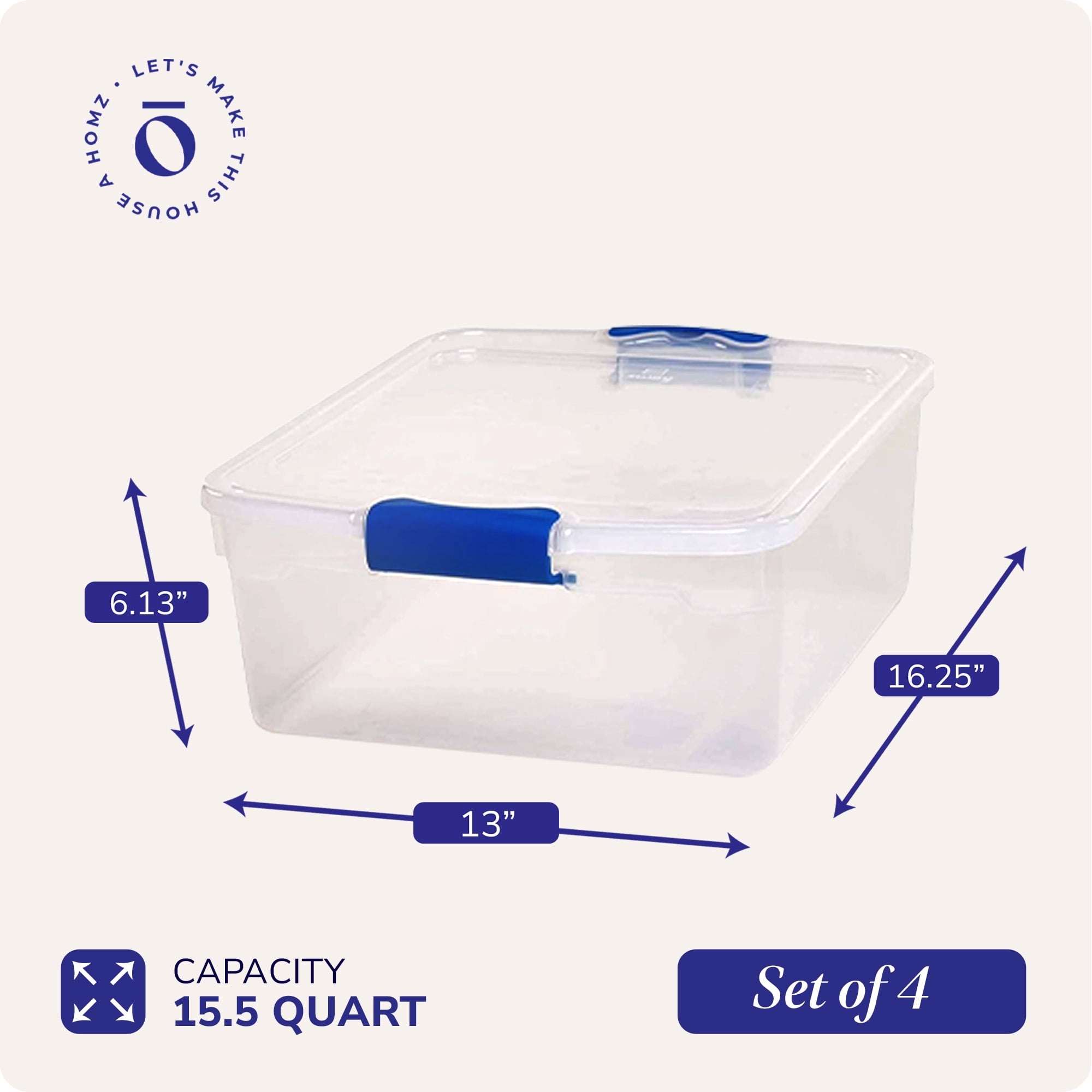 Homz Stackable Plastic Storage Containers with Latching Lids (Clear, 4 Pack, 15.5 Quart) b2a2t