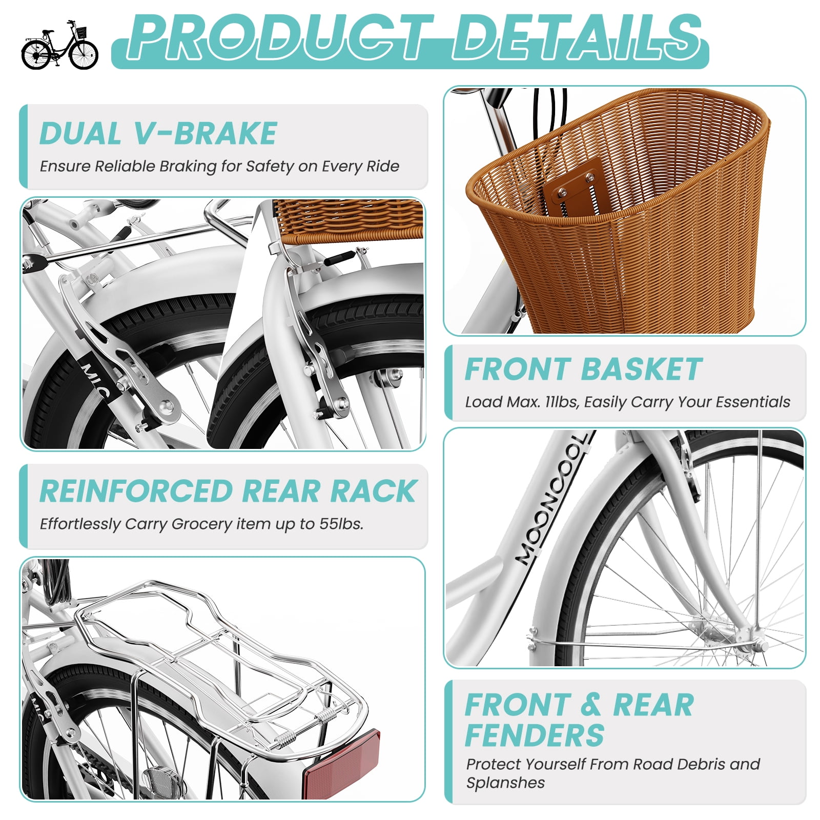 MOONCOOL 7-Speed Cruiser Bike for Women, Step-Through City Bicycle with Basket and Rear Rack (White, 26 in) mld91