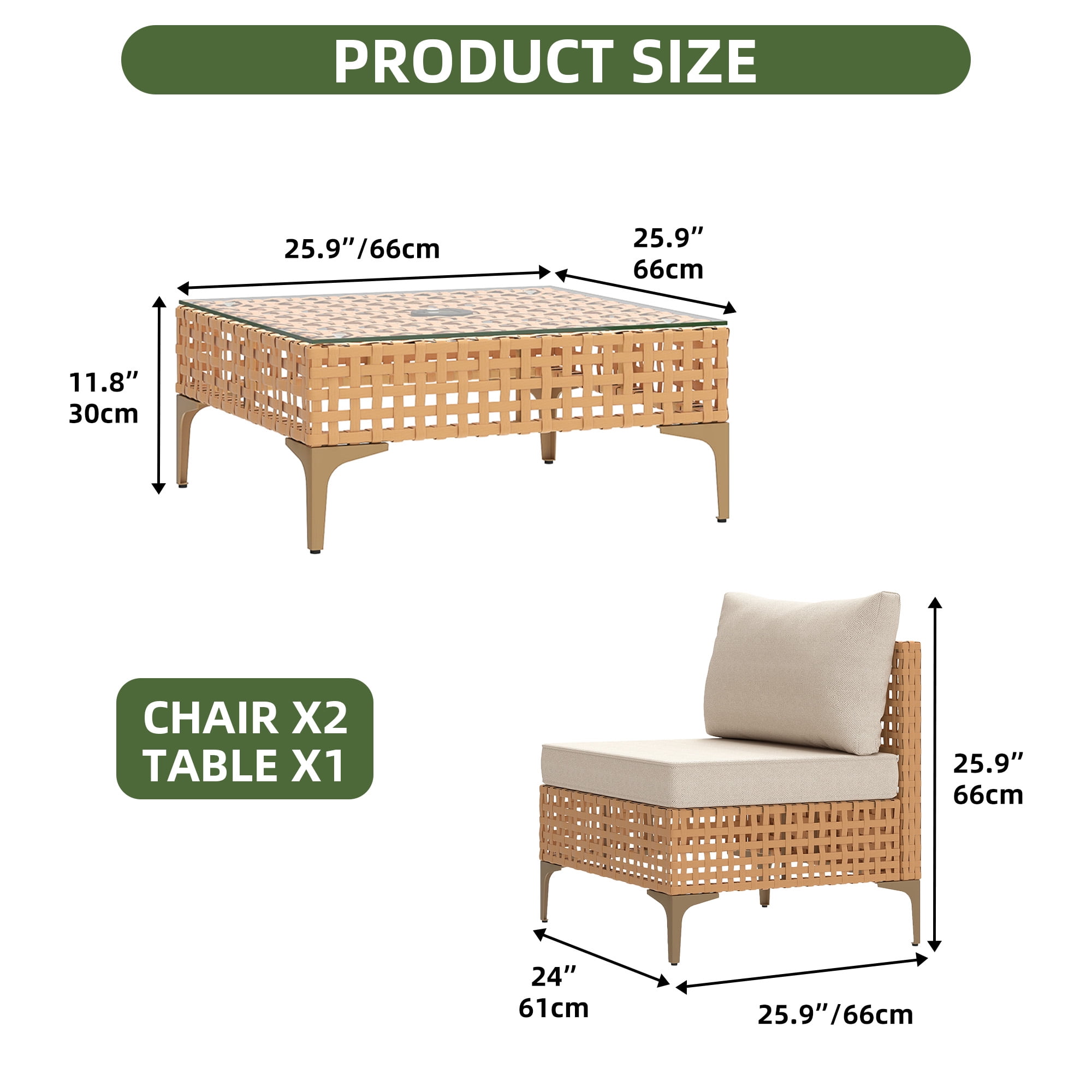 Uforic 3-Piece Outdoor Patio Furniture Set, Rattan Wicker Conversation Bistro Set with Solar LED Coffee Table (Beige, 3 Pieces) e8a6s