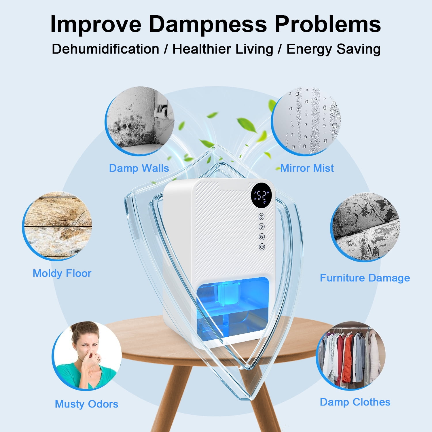 Zacenei Portable Dehumidifier for Home, Quiet Small Room Air Dryer with Auto Shut-Off & 7-Color LED (White) 3vbij