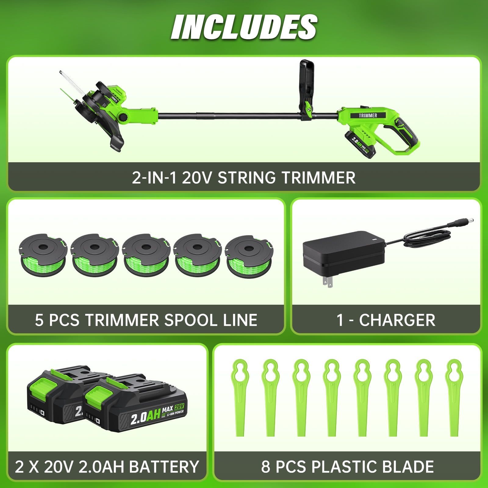 Generic 20V Cordless String Trimmer and Lawn Edger, Brushless Motor, 2x2.0Ah Batteries, 12 in Cutting Path (Black/Green, 12 in) fvha6