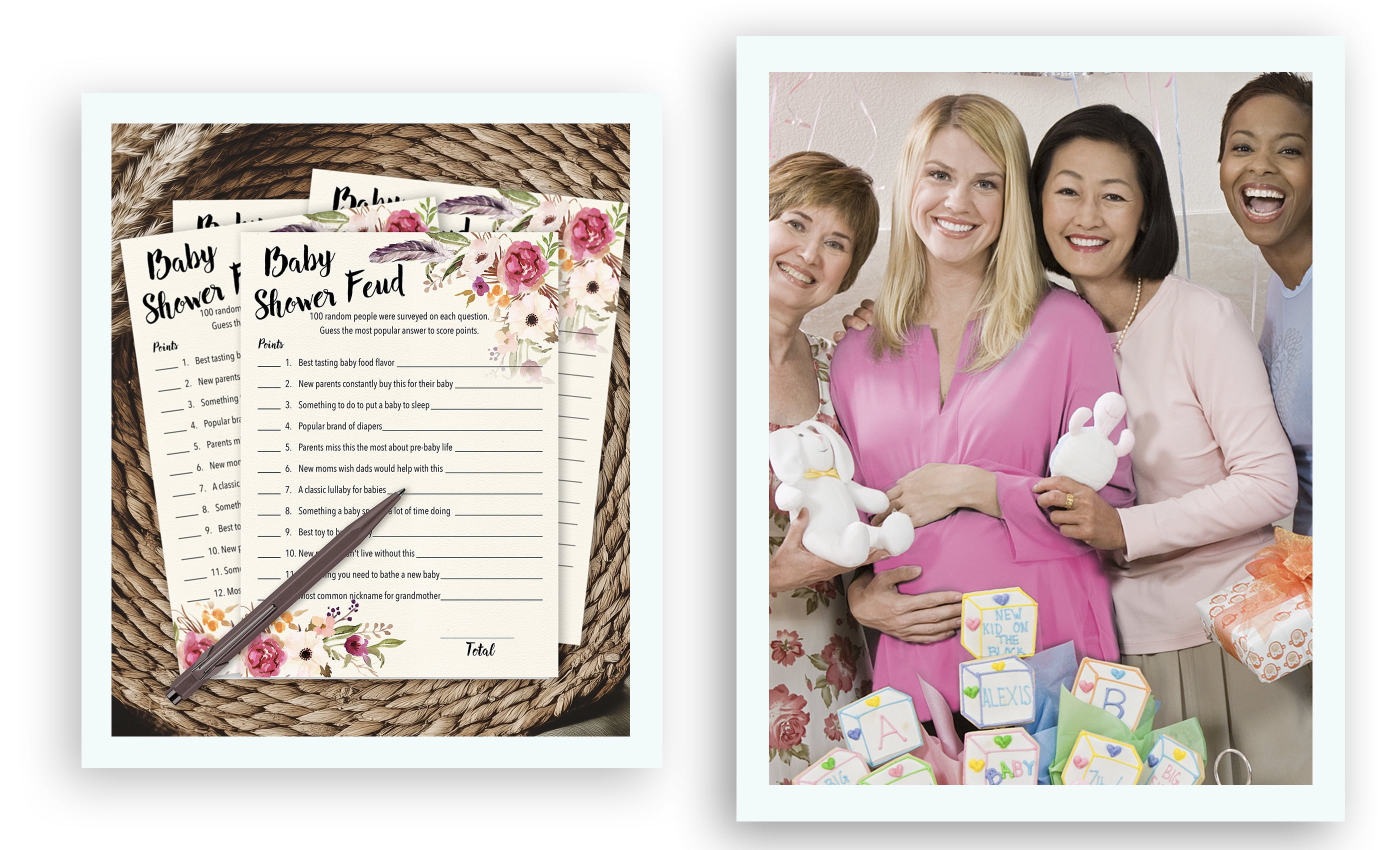 Roseum Collections Boho Baby Shower Feud Game Cards (Pink Floral, 25 Pack, 5 in x 7 in) 5h6tv