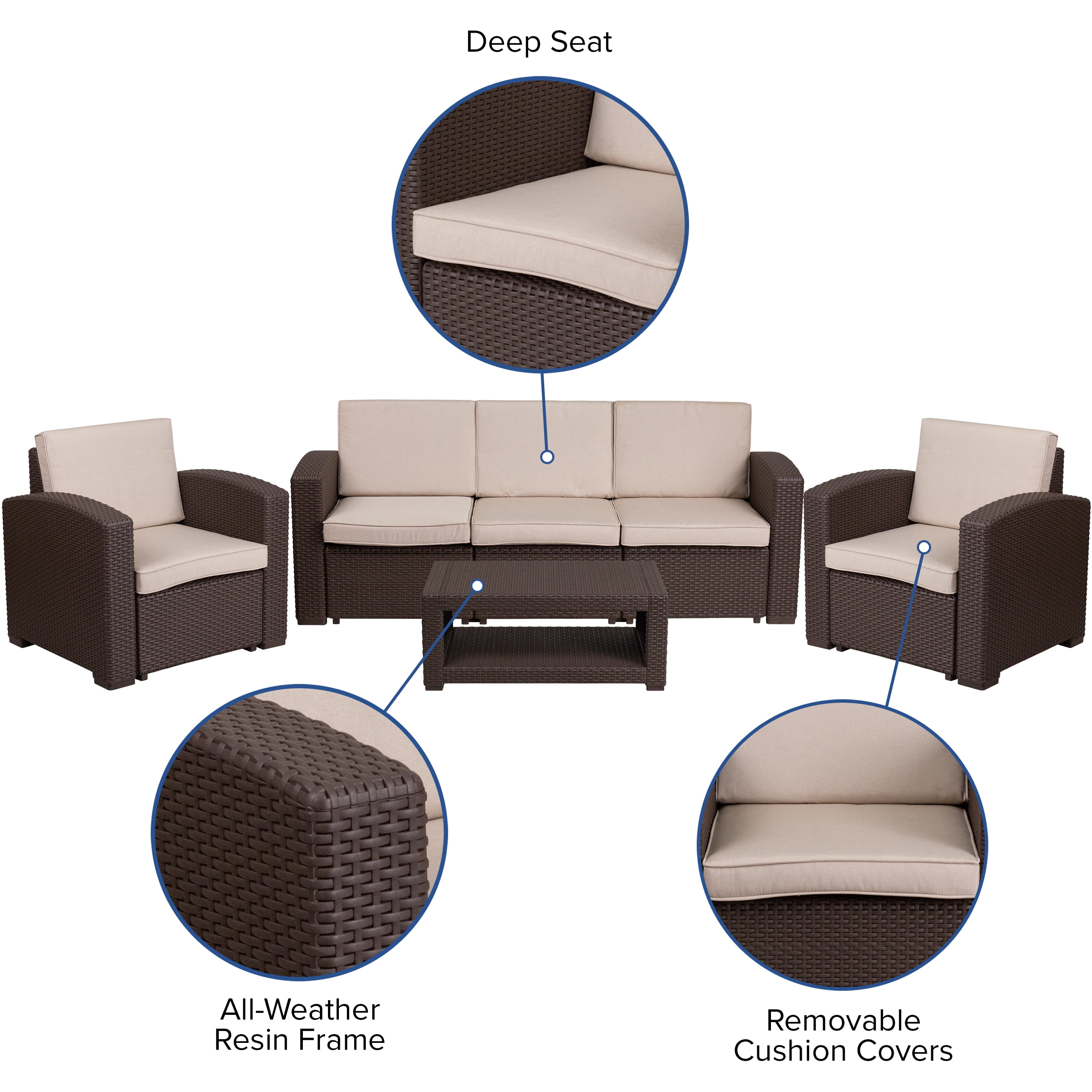 Flash Furniture Seneca 4 Piece Outdoor Faux Rattan Patio Conversation Set (Chocolate Brown, 4-Piece Set) q1jju
